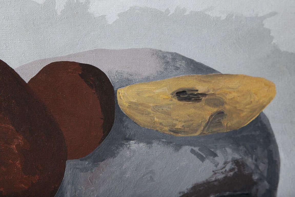 Peinture à l'huile contemporaine espagnole d'une nature morte stylisée de fruits reposant sur un piédestal dans un cadre noir (signée : [Jorge] CASTILLO 83 NY)