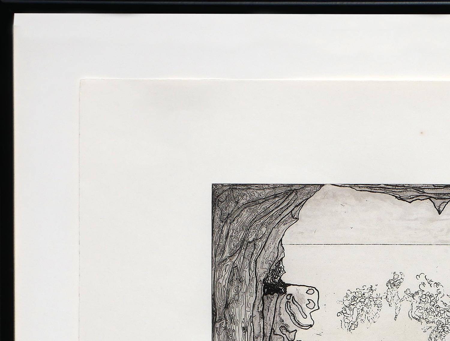 Monochromatic abstract figurative etching by Spanish painter Jorge Castillo. The piece depicts an abstract landscape overlooking an empty view from what appears to be a cave. Figures of abstracted limbs and bodies are depicted along the sides of the