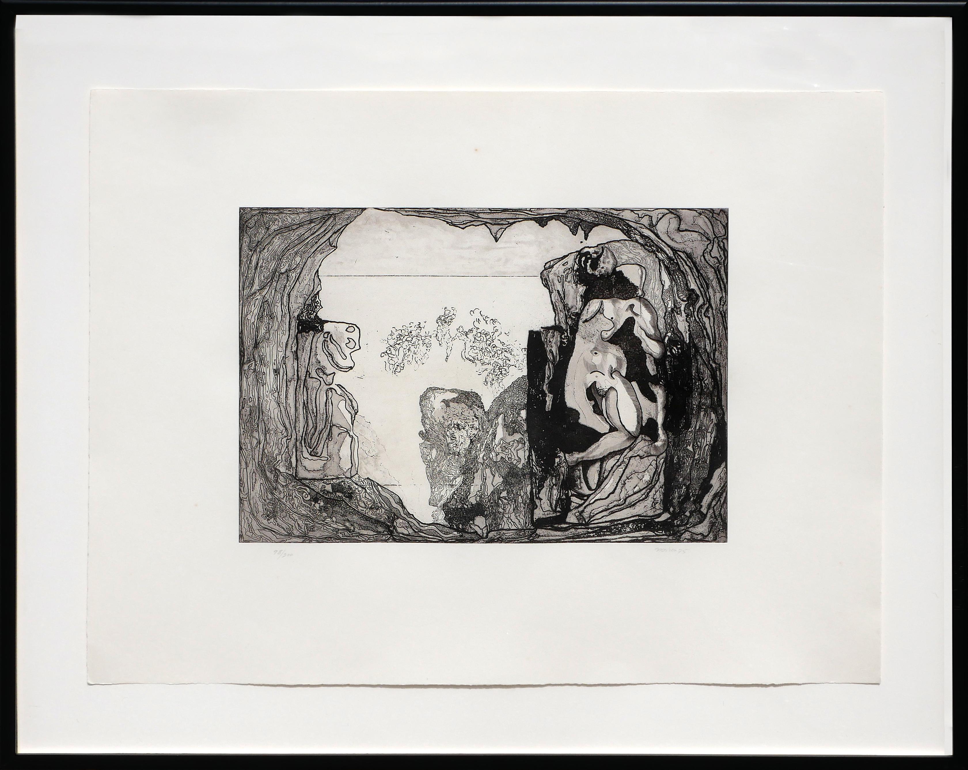 Jorge Castillo Abstract Print – Abstrakte schwarze und weiße figurative Radierung, Auflage 98/200