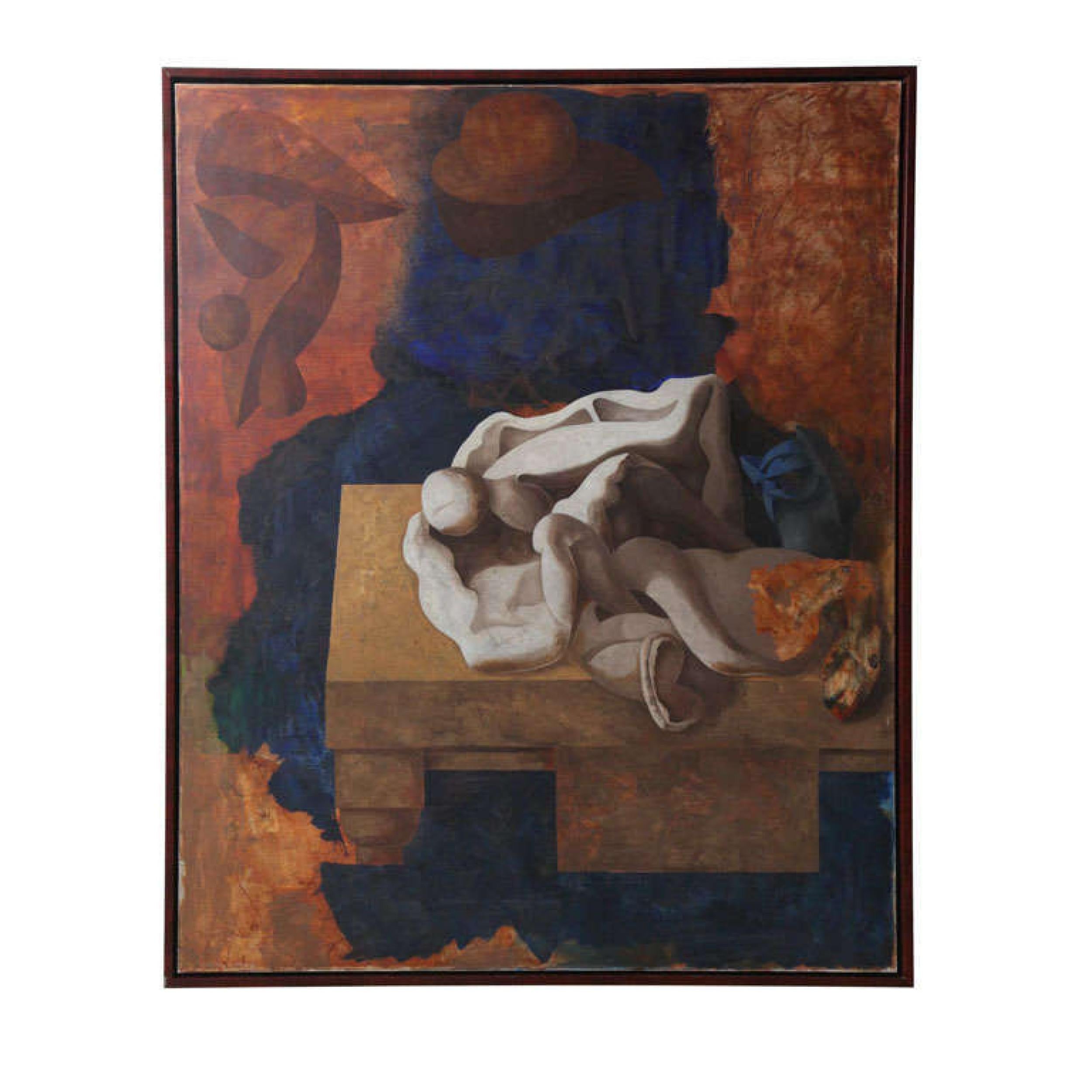 Abstraktes spanisches Gemälde aus der Mitte des Jahrhunderts in Öl auf Leinwand mit geometrischen Formen in den Farben Orange, Blau und Gelb (JORGE CASTILLO)
