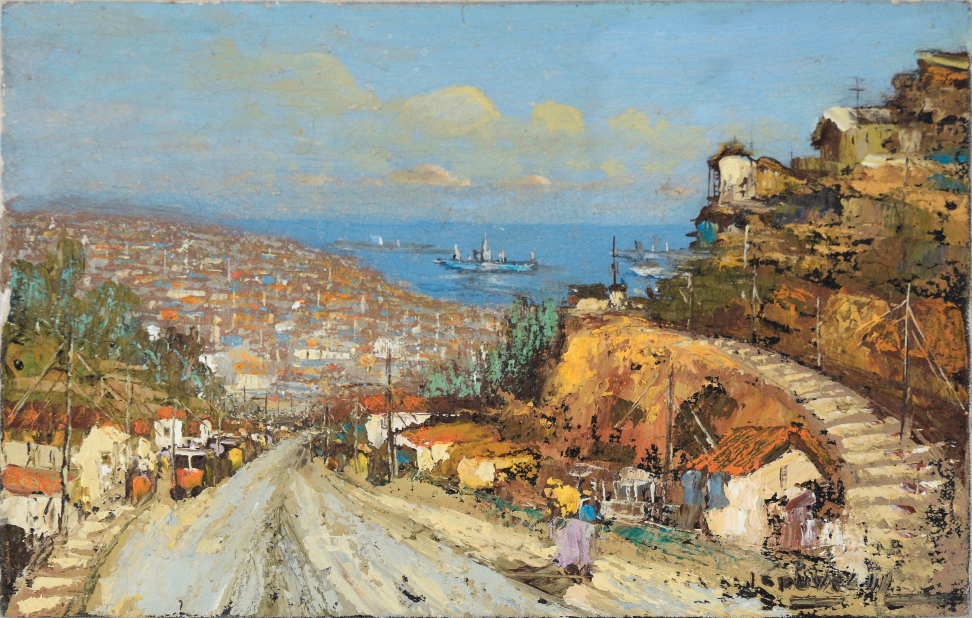 Jorge Chaves Landscape Painting - "La Entrade Vieja a Valparaiso" - Chilean Coastal Cityscape in Oil on Canvas