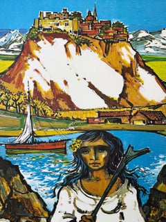 ITALIAN LANDSCAPE Original Lithograph, Seaside Village Scene, Young Woman, Boat