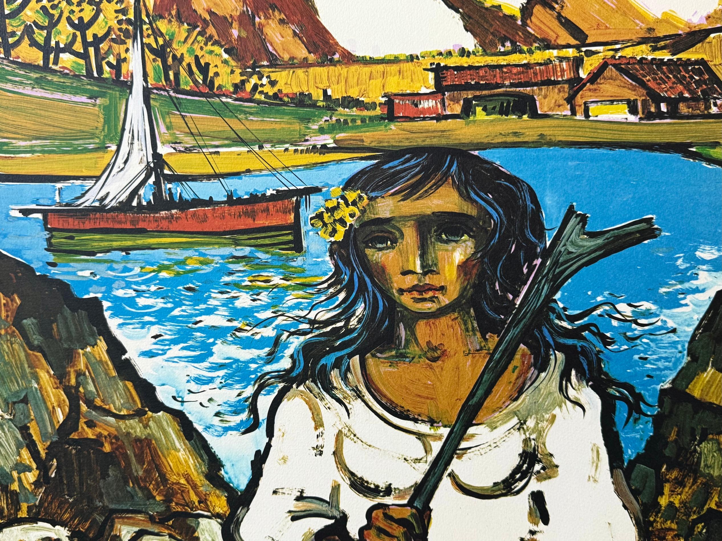 ITALIAN LANDSCAPE Original Lithograph, Seaside Village Scene, Young Woman, Boat - Cubist Print by Jorge Dumas