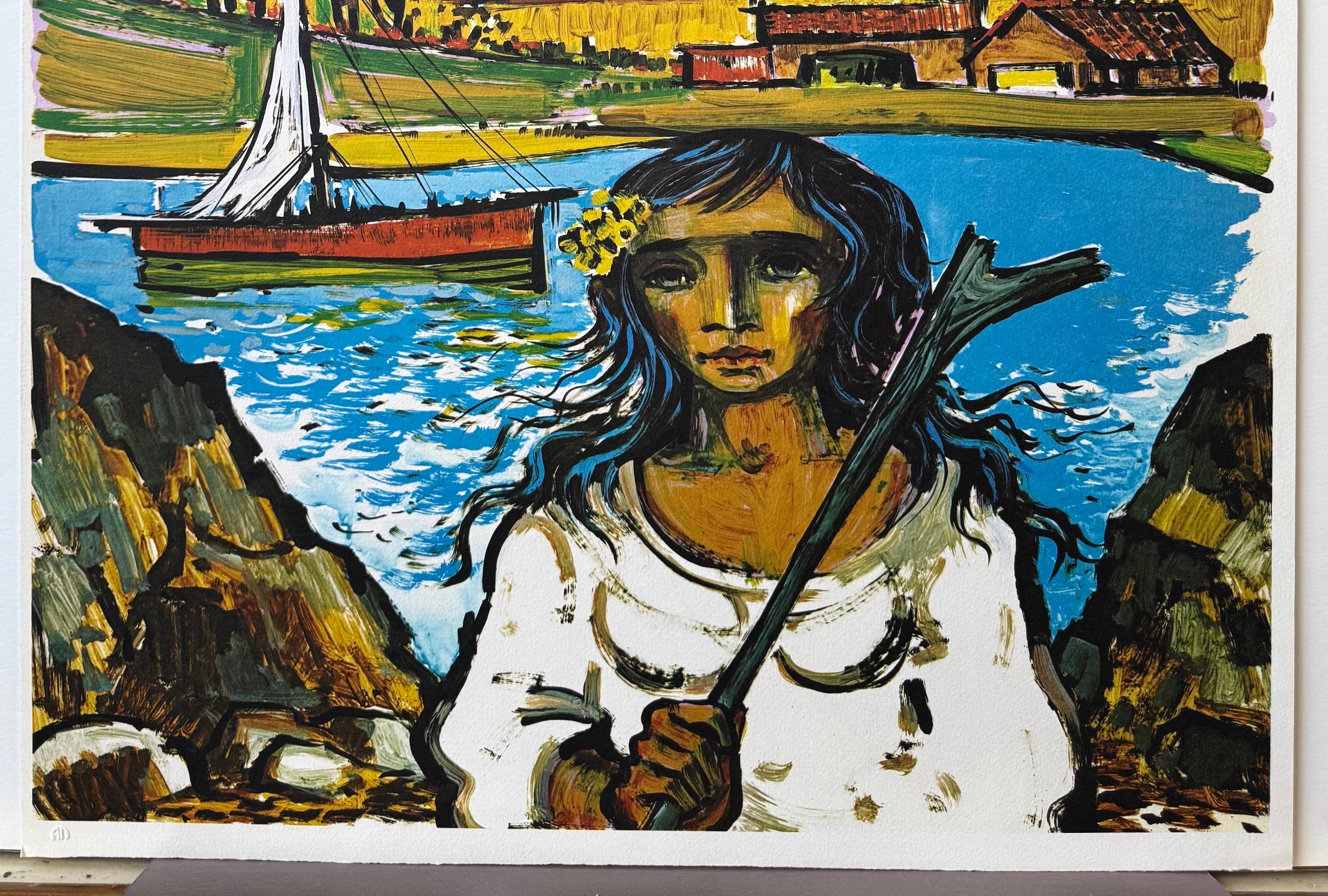 ITALIAN LANDSCAPE Original Lithograph, Seaside Village Scene, Young Woman, Boat For Sale 1