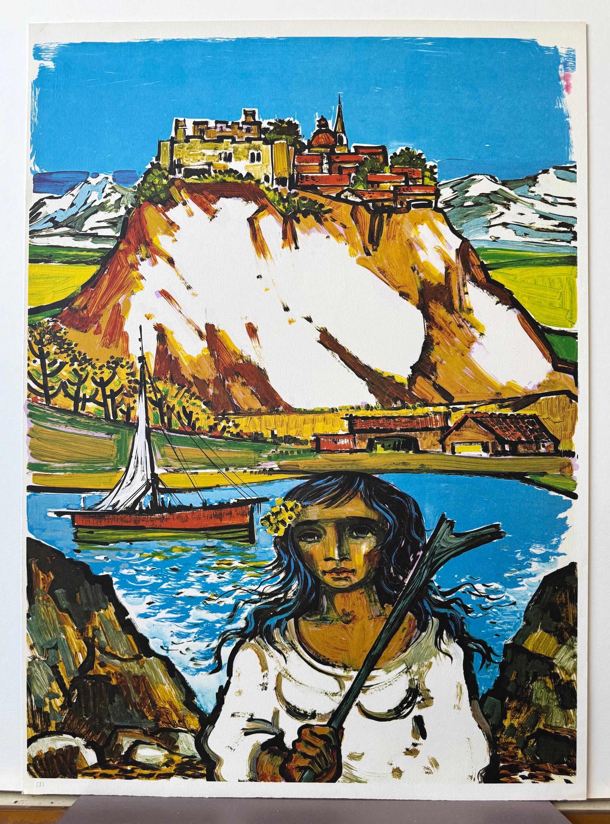 ITALIAN LANDSCAPE Original Lithograph, Seaside Village Scene, Young Woman, Boat For Sale 2