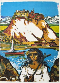 ITALIAN LANDSCAPE Original Lithograph, Seaside Village Scene, Young Woman, Boat