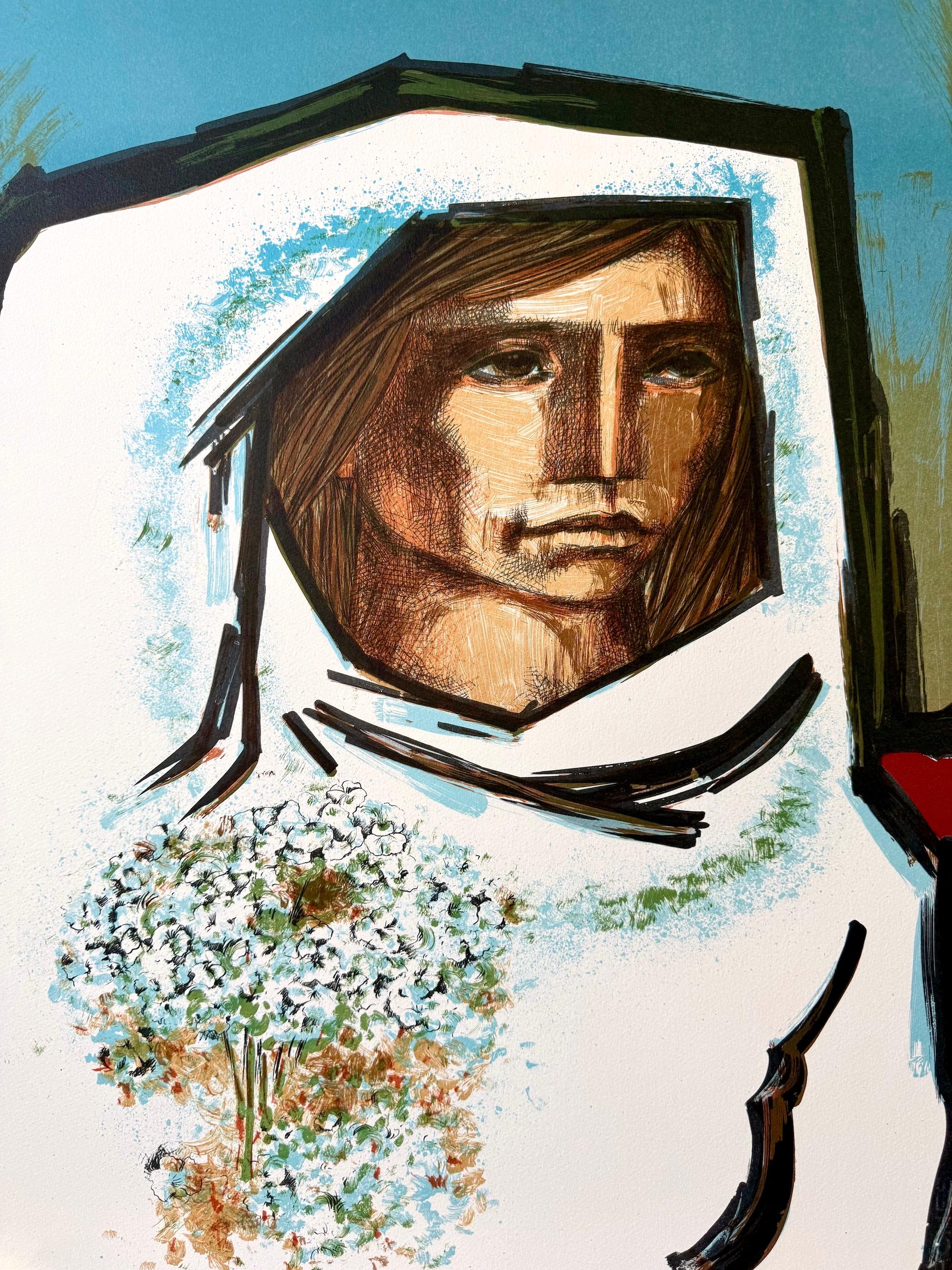 LA NOVIA Original Lithograph, Bride Portrait, Woman with Flowers, Cubist Style - Print by Jorge Dumas