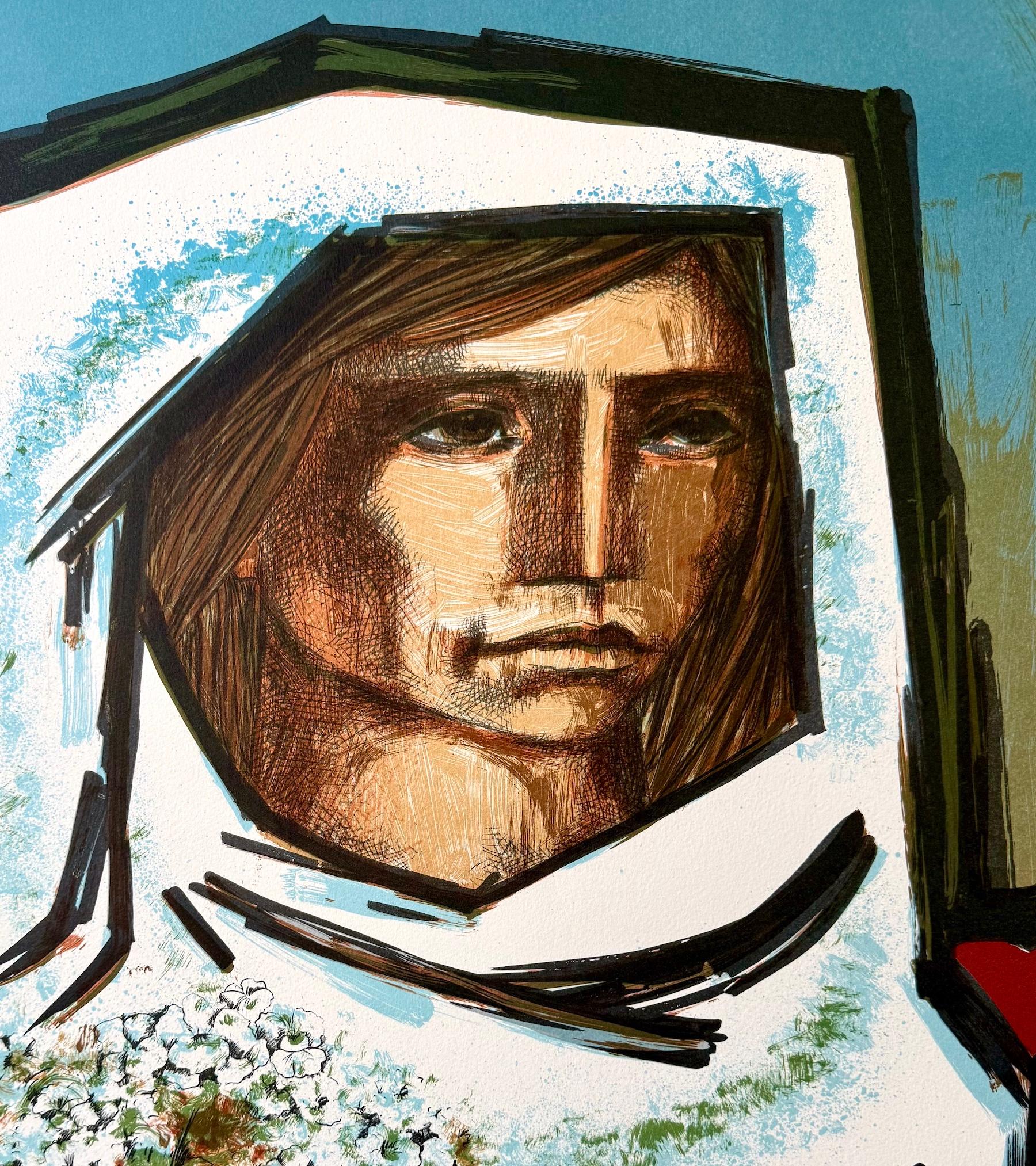 LA NOVIA Original Lithograph, Bride Portrait, Woman with Flowers, Cubist Style - Blue Figurative Print by Jorge Dumas