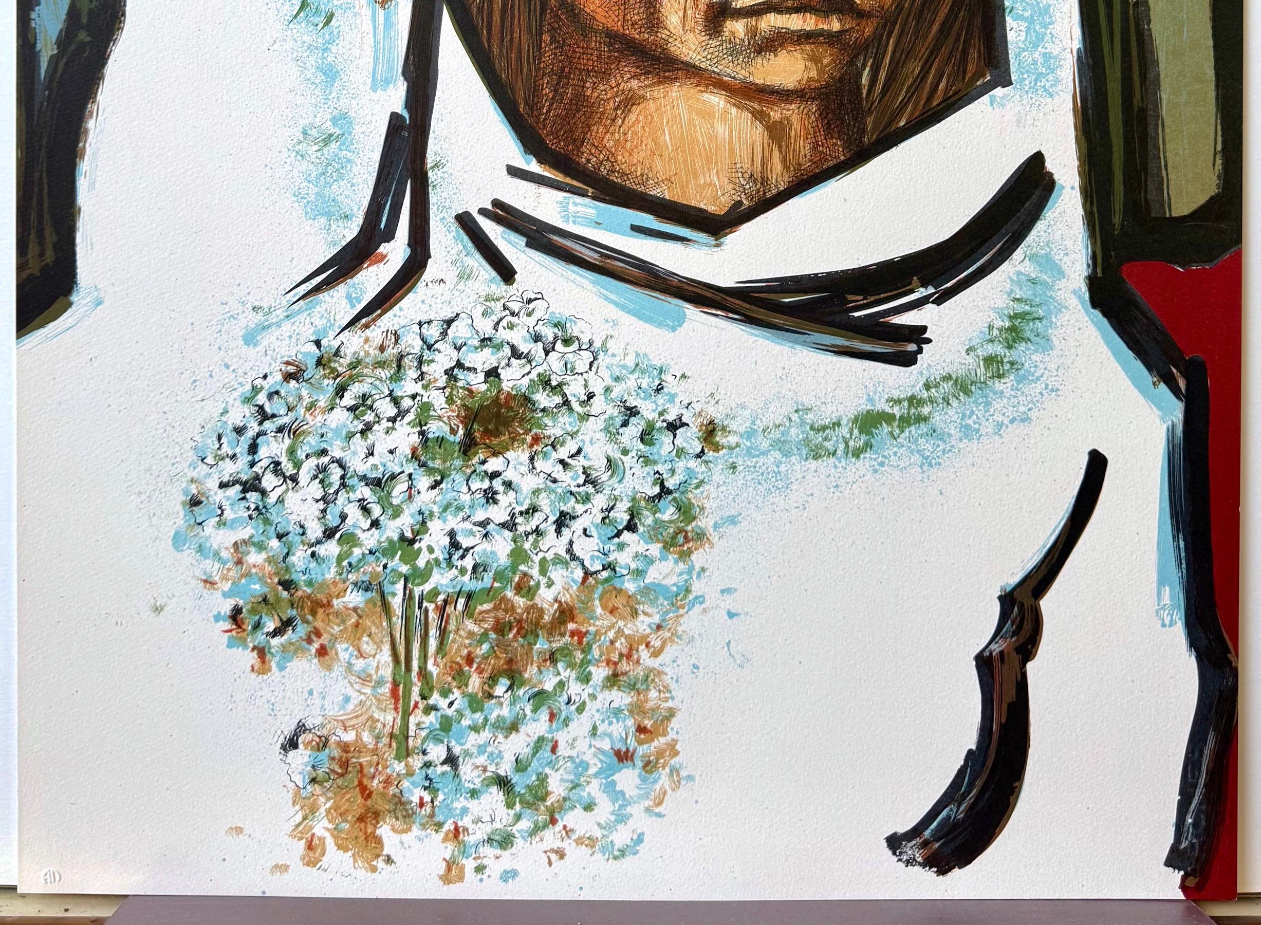 LA NOVIA Original Lithograph, Bride Portrait, Woman with Flowers, Cubist Style For Sale 1
