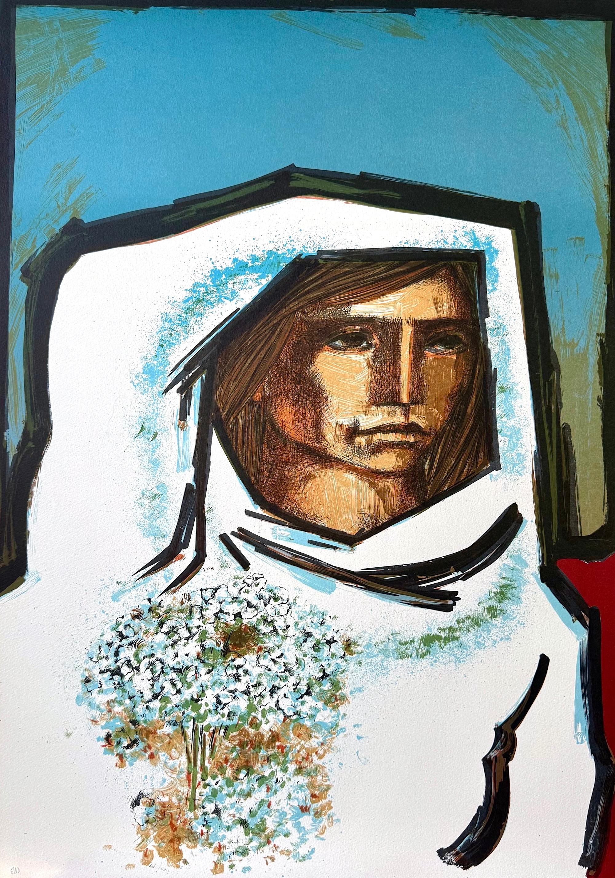 LA NOVIA Original Lithograph, Bride Portrait, Woman with Flowers, Cubist Style For Sale 3