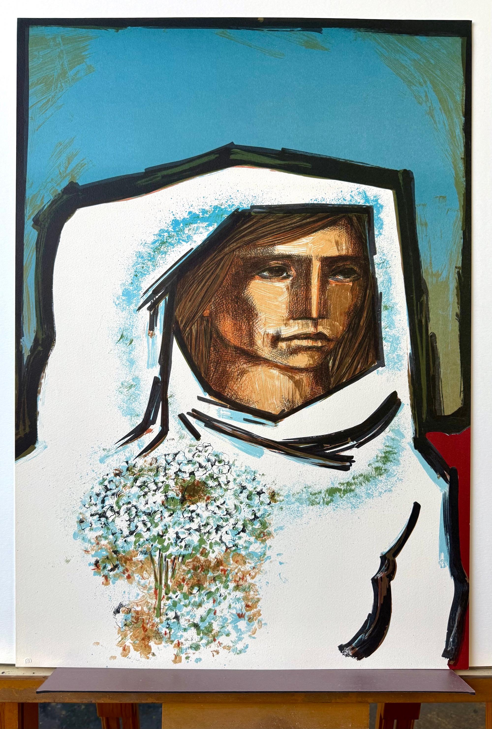 LA NOVIA Original Lithograph, Bride Portrait, Woman with Flowers, Cubist Style For Sale 4