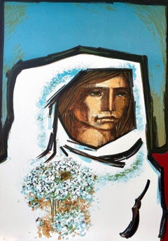 LA NOVIA Original Lithograph, Bride Portrait, Woman with Flowers, Cubist Style