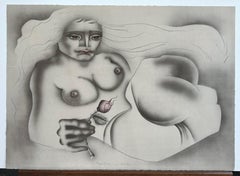 Reclining Woman With Rose, Signed Hand Colored Lithograph, Cubist Airbrush Nude