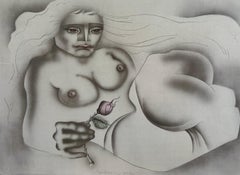 Reclining Woman With Rose, Signed Hand Colored Lithograph, Cubist Airbrush Nude