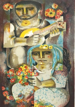 SERANATA de FLORES Litografia firmata, Ritratto di coppia in stile cubista, arte latina