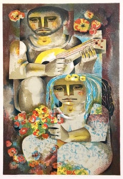 SERANATA de FLORES Signed Lithograph, Cubist Style Couple Portrait, Latin Art