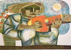 SERENATA DE GUITARRA Signed Lithograph, Cubist Style Woman, Music, Latin Art