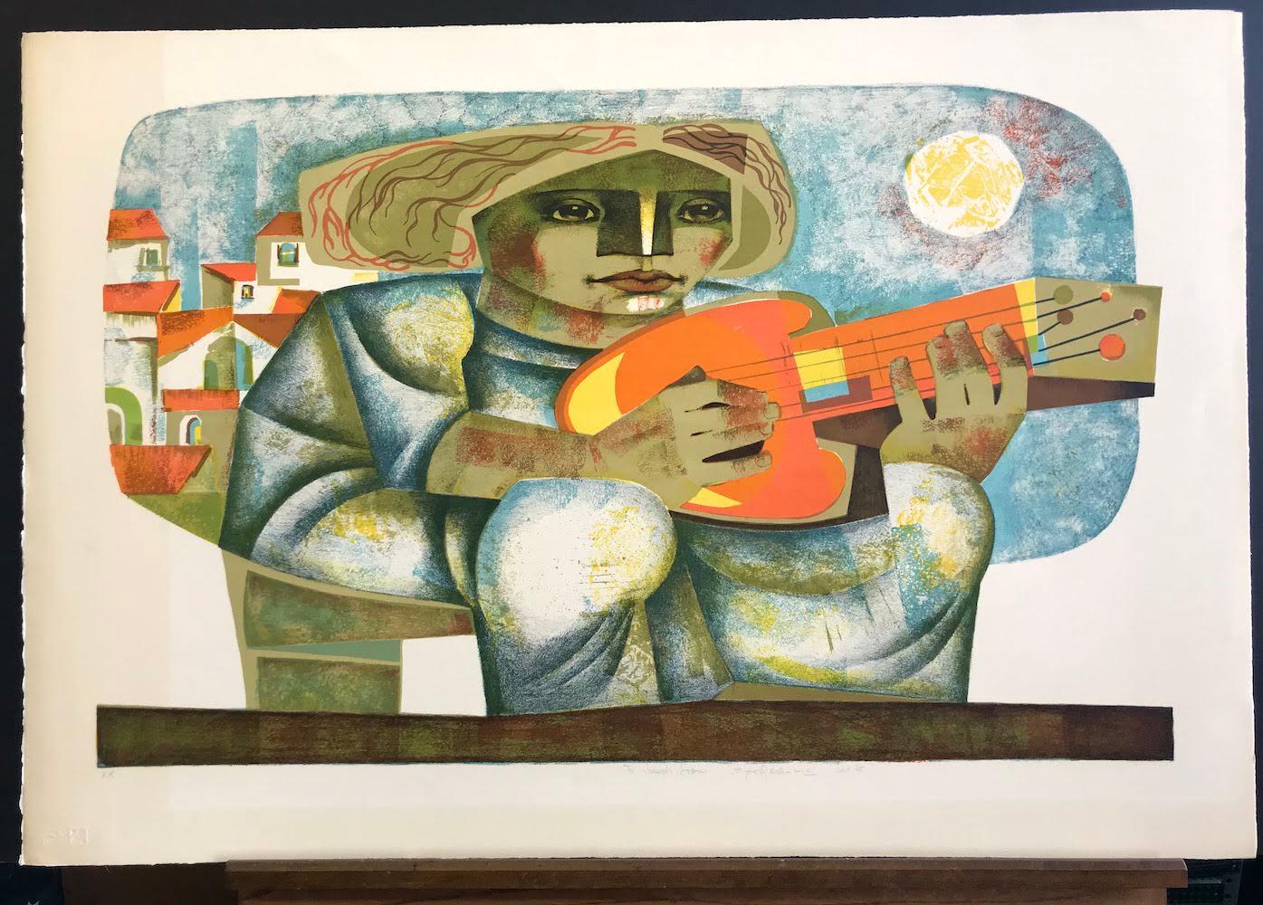 SERENATA DE GUITARRA Signed Lithograph, Cubist Style Woman, Music, Latin Art For Sale 1