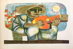 Retro SERENATA DE GUITARRA Signed Lithograph, Cubist Style Woman, Music, Latin Art