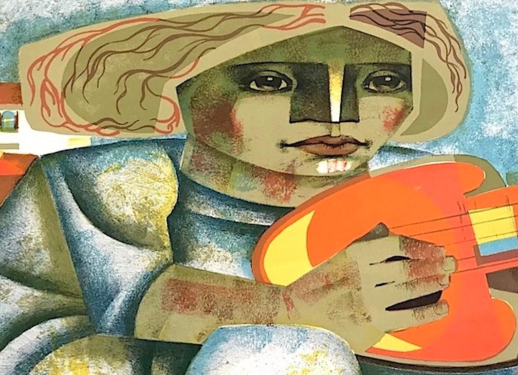 SERENATA DE GUITARRA, del artista sudamericano Jorge Dumas (1928-1985), es una litografía original dibujada a mano, probada e impresa mediante técnicas litográficas tradicionales en papel de impresión de archivo, 100% libre de ácido. SERENATA DE