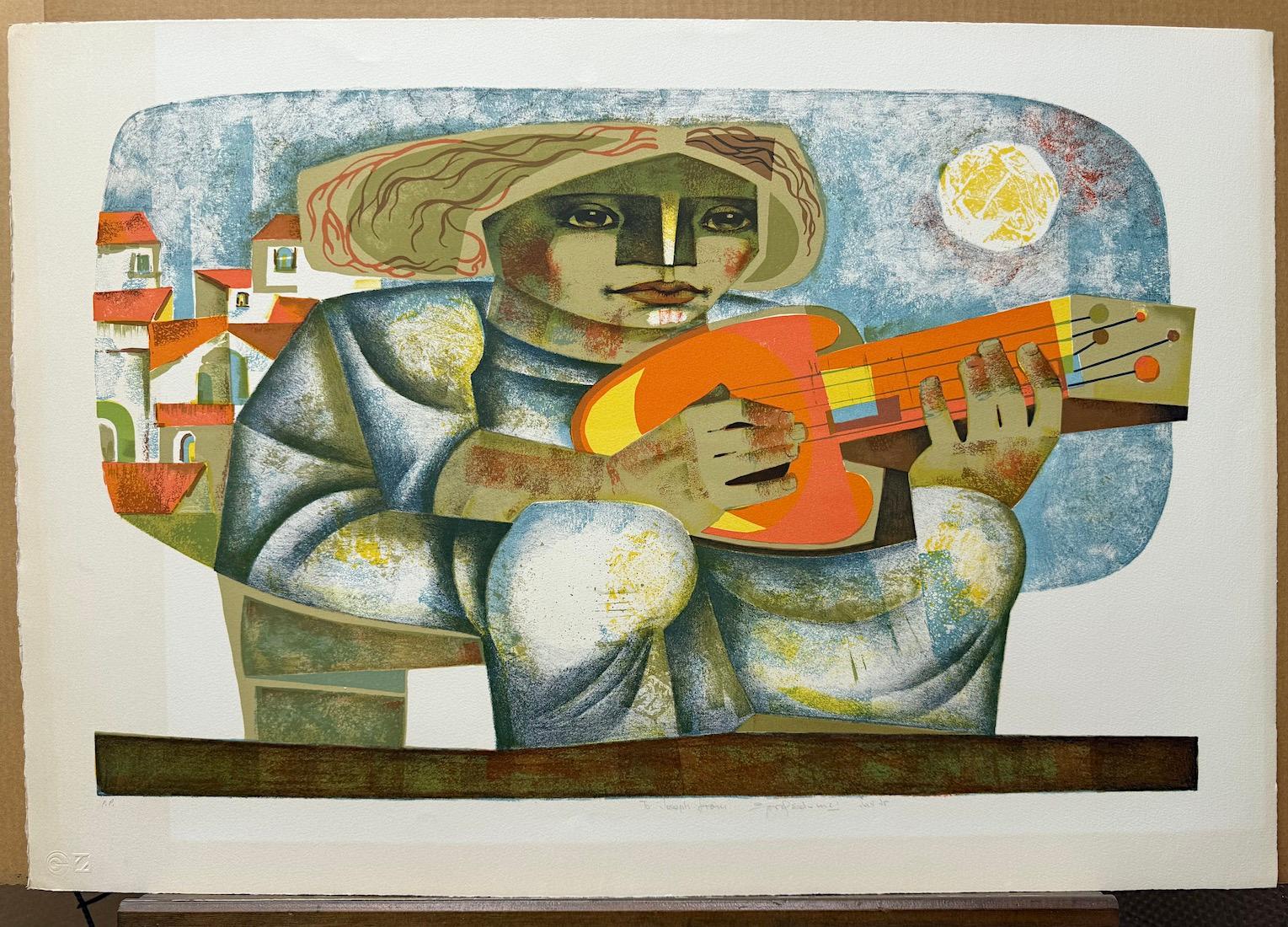 SERENATA DE GUITARRA Litografía Firmada, Mujer Estilo Cubista, Música, Arte Latino en venta 4