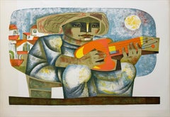 SERENATA DE GUITARRA Signed Lithograph, Cubist Style Woman, Music, Latin Art