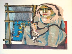 TEJEDORA:: Signierte Lithographie:: Porträt im kubistischen Stil:: Weberin:: Webstuhl