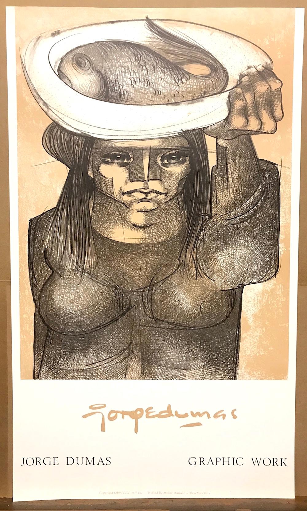 WOMAN CARRYING A FISH Lithograph Art Poster, Female Portrait, Latin American  - Cubist Print by Jorge Dumas