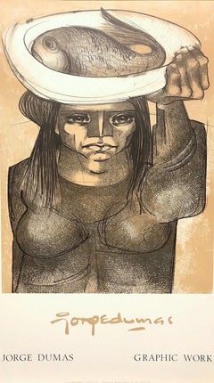 WOMAN CARRYING A FISH Lithograph Art Poster, Female Portrait, Latin American 