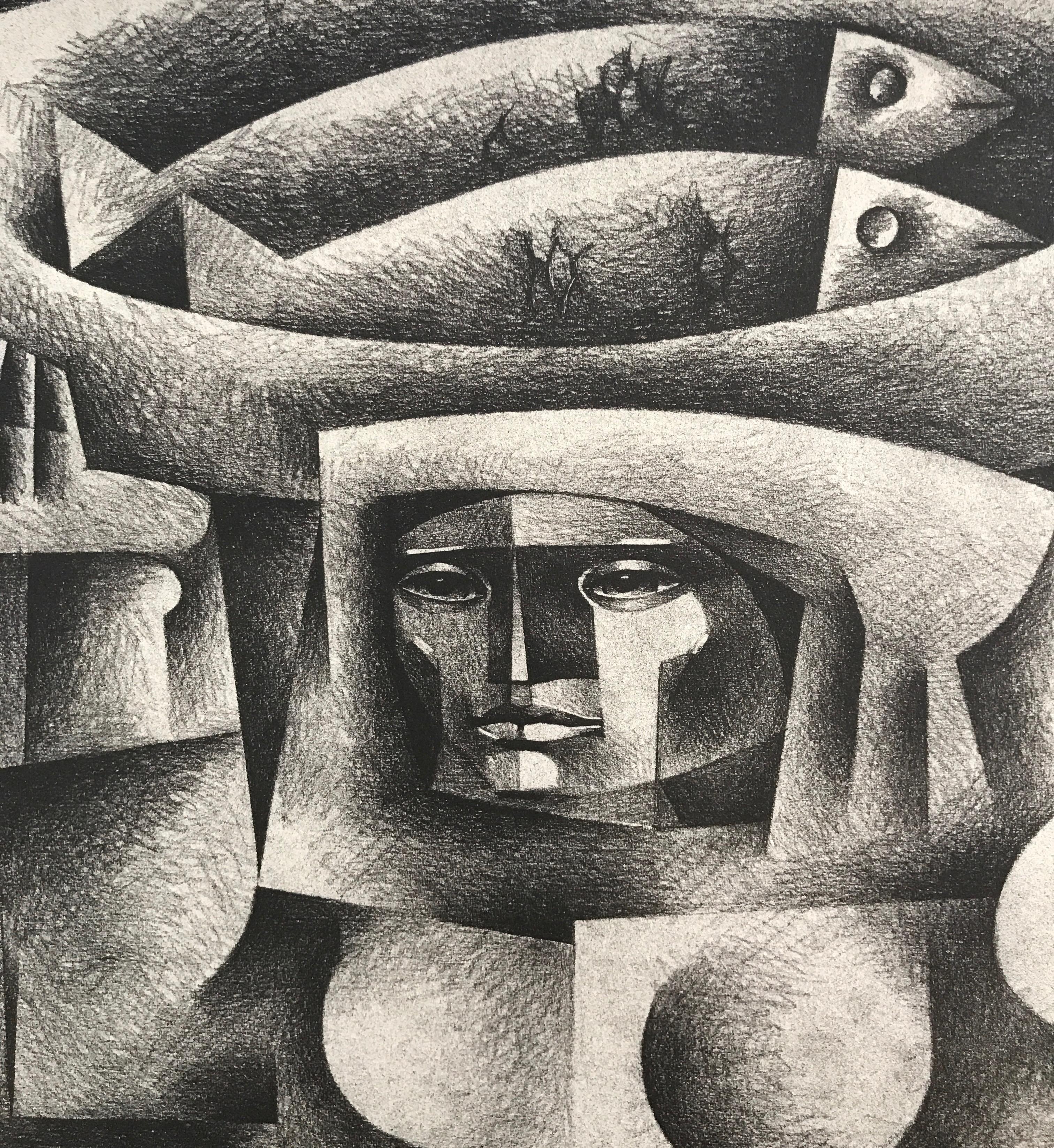 Woman Carrying Fish, Signed Lithograph, Cubist Style Female Portrait Fish - Print by Jorge Dumas