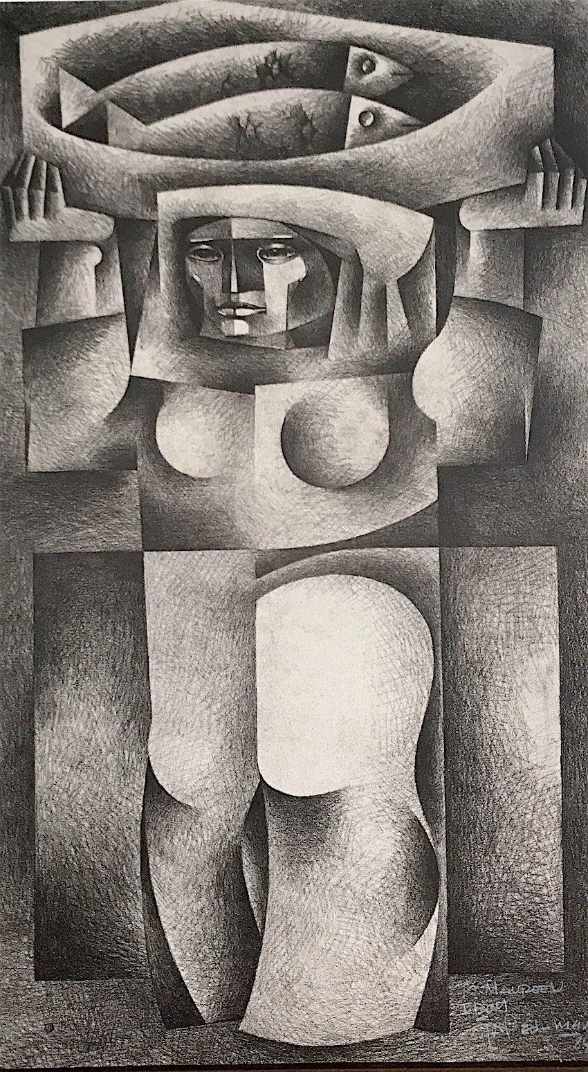 Jorge Dumas Figurative Print - Woman Carrying Fish, Signed Lithograph, Cubist Style Female Portrait Fish