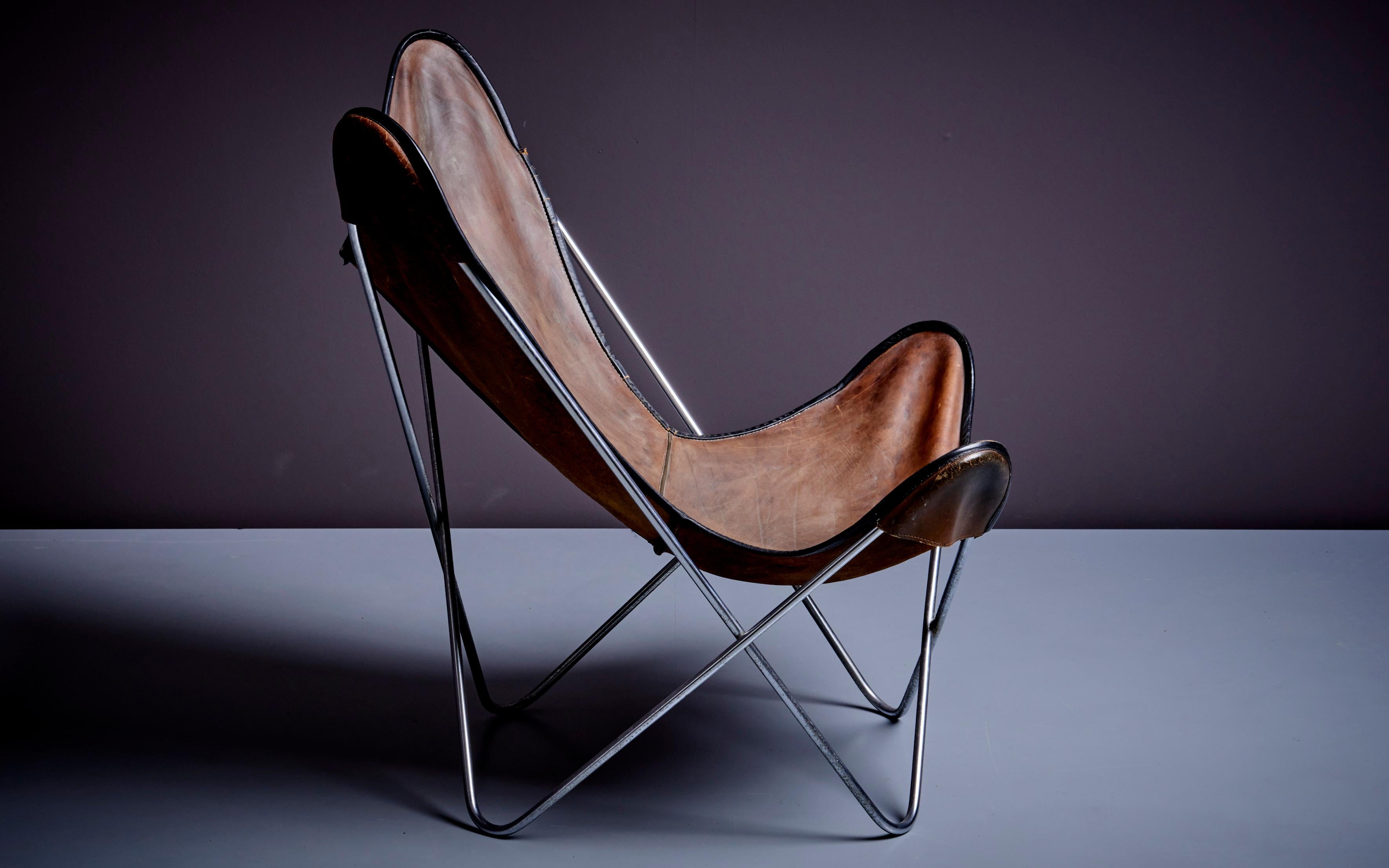 German Jorge Ferrari-Hardoy Butterfly Chair for Knoll in Original Dark Brown Leather For Sale