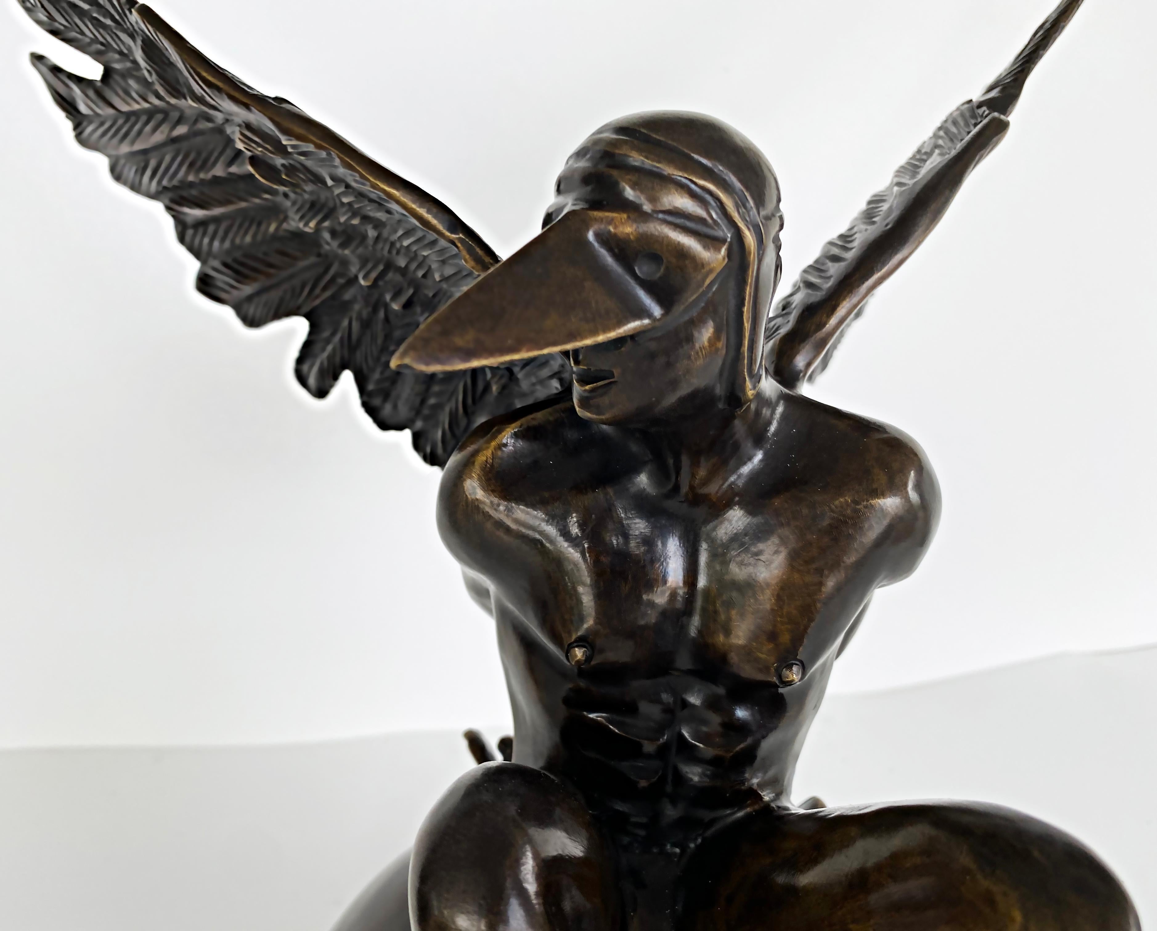 Mexican Jorge Marin Bronze Winged Sculpture Masked Arc Angel, Mexico