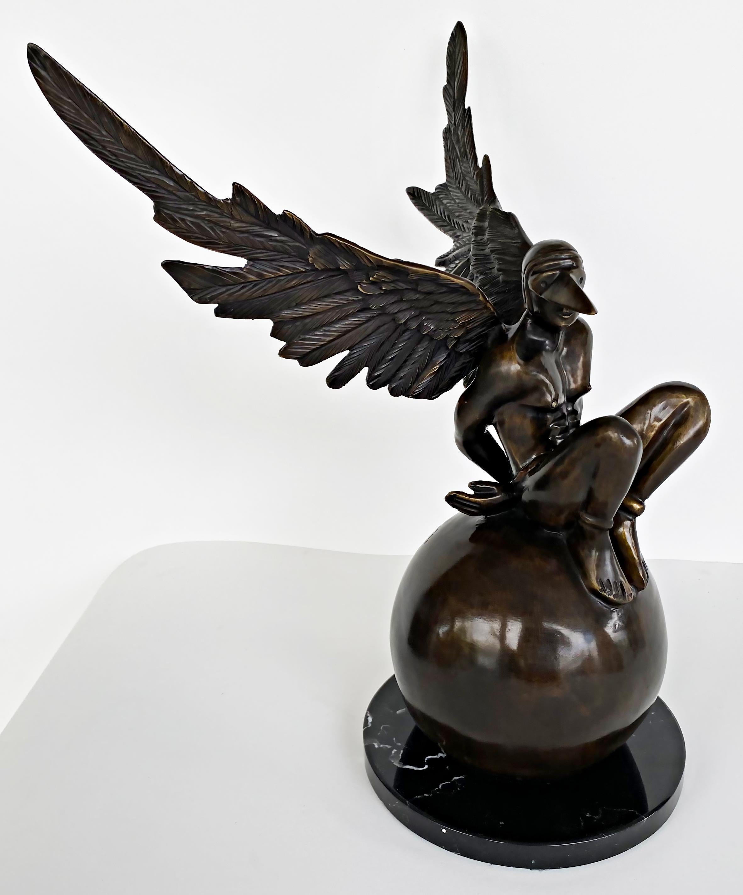 Jorge Marin Bronze Winged Sculpture Masked Arc Angel, Mexico In Good Condition In Miami, FL