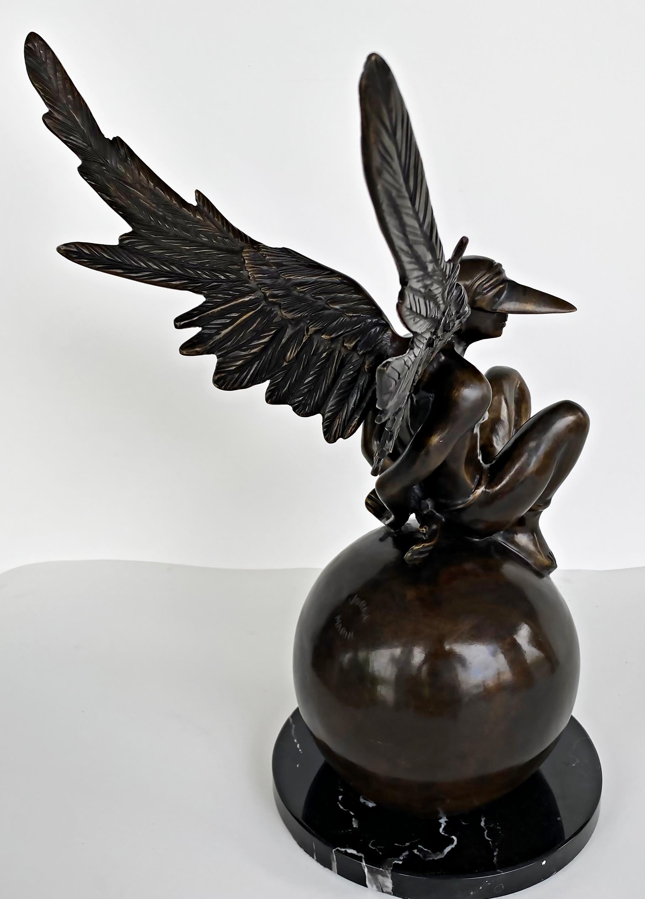 Contemporary Jorge Marin Bronze Winged Sculpture Masked Arc Angel, Mexico