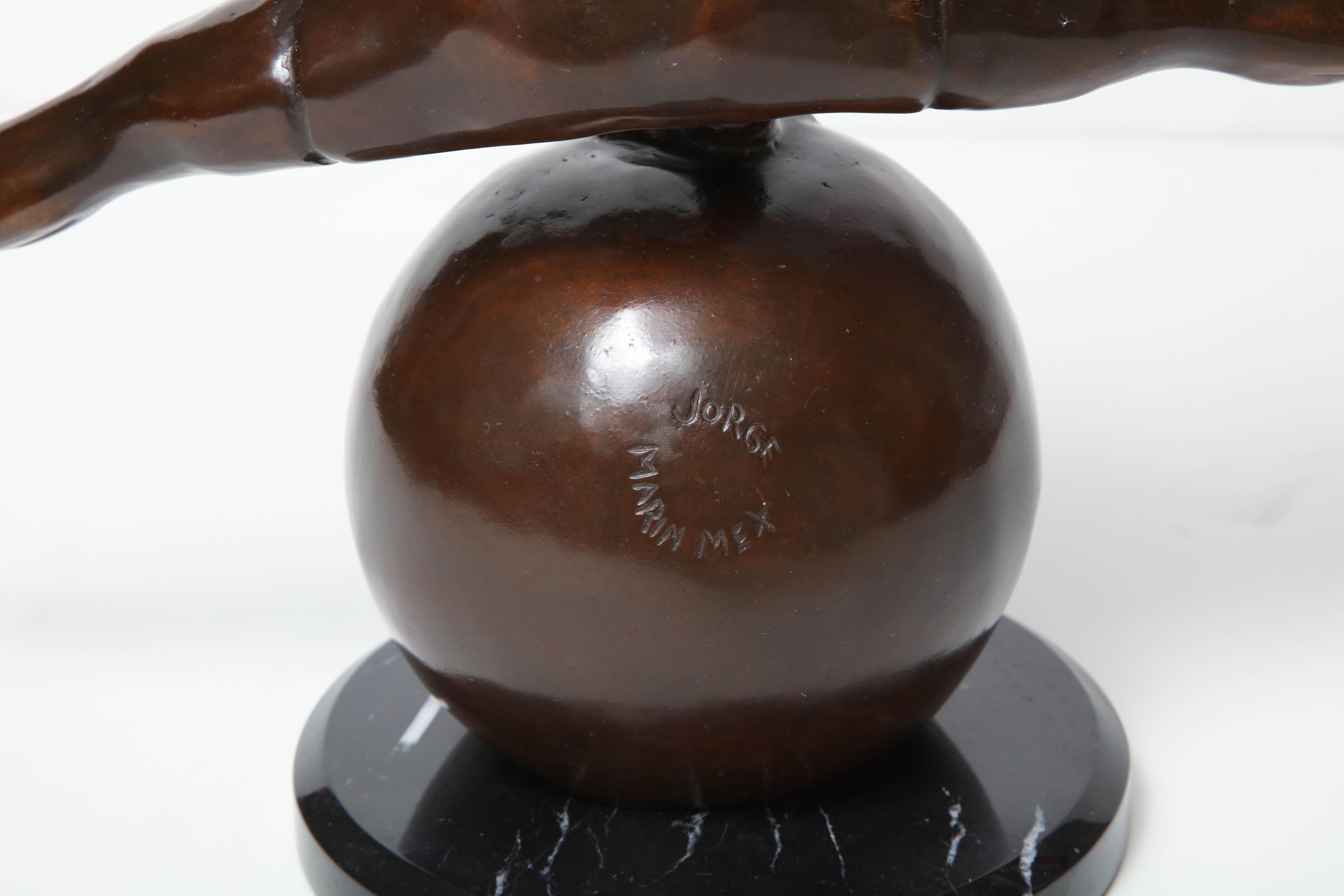 Contemporary Jorge Marin Signed Bronze Figure on a Ball with Carnival Mask