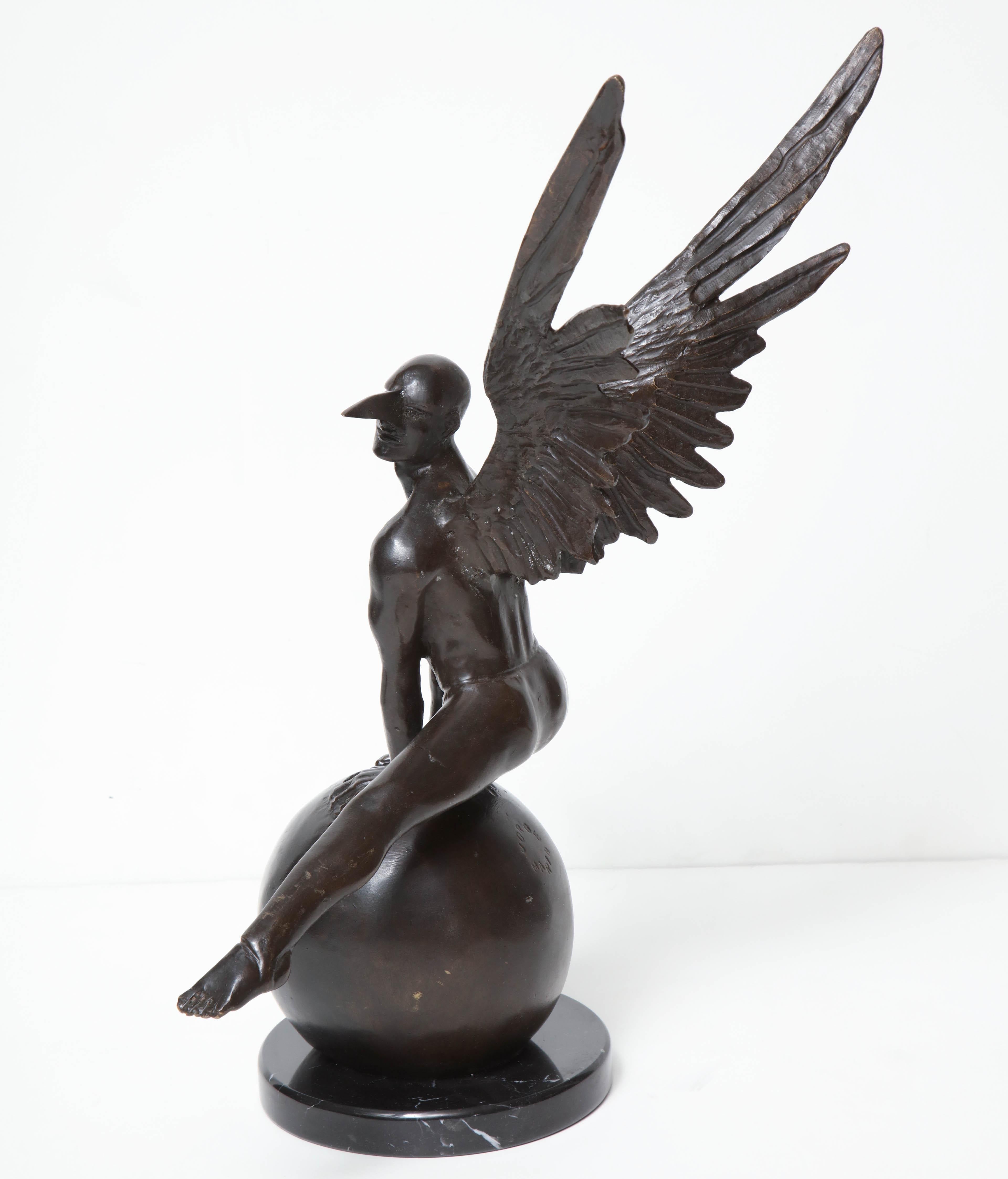 American Jorge Marin Signed Bronze Figure on a Ball with Carnival Mask