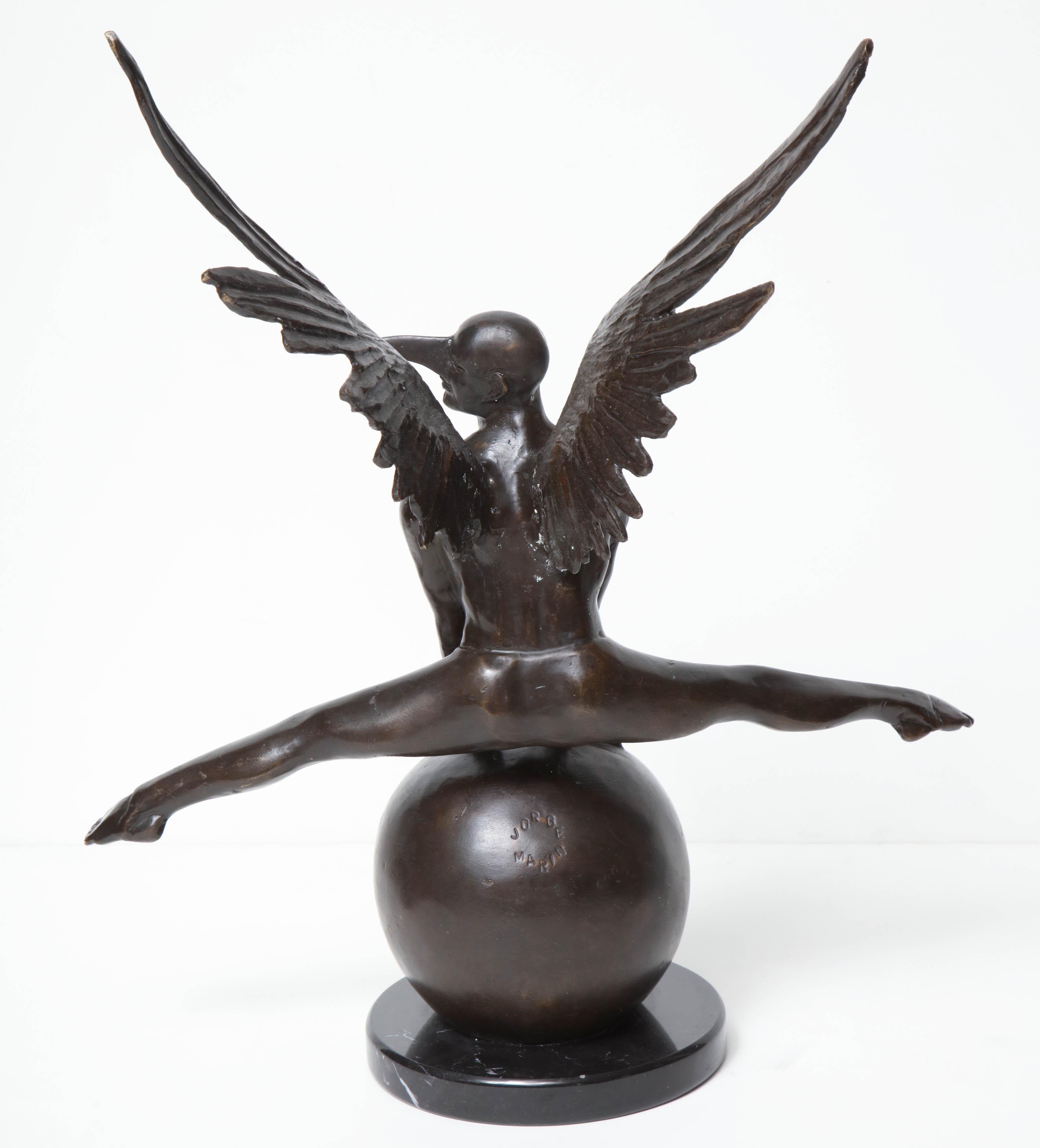 Bronzed Jorge Marin Signed Bronze Figure on a Ball with Carnival Mask