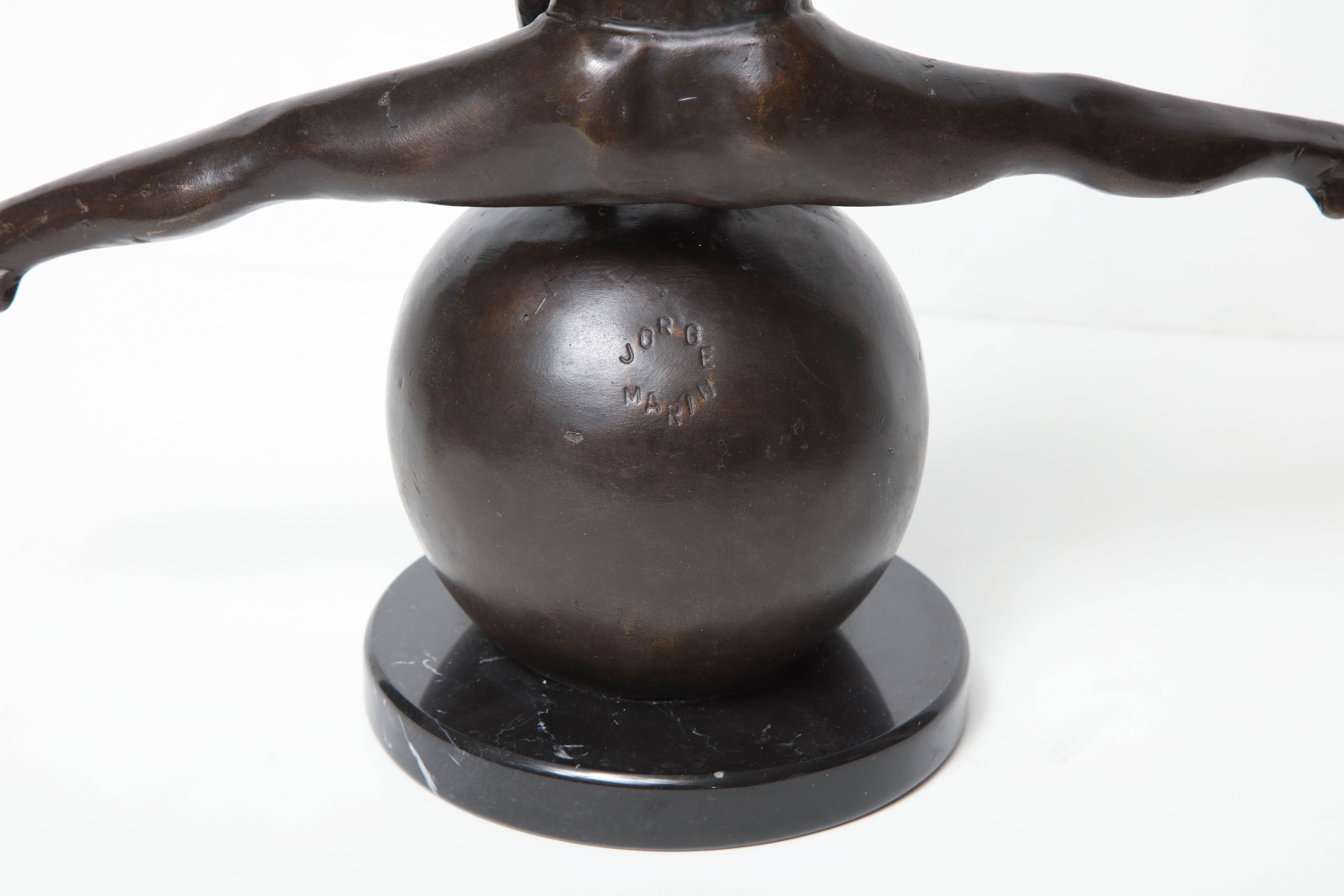 Jorge Marin Signed Bronze Figure on a Ball with Carnival Mask In Excellent Condition In New York, NY