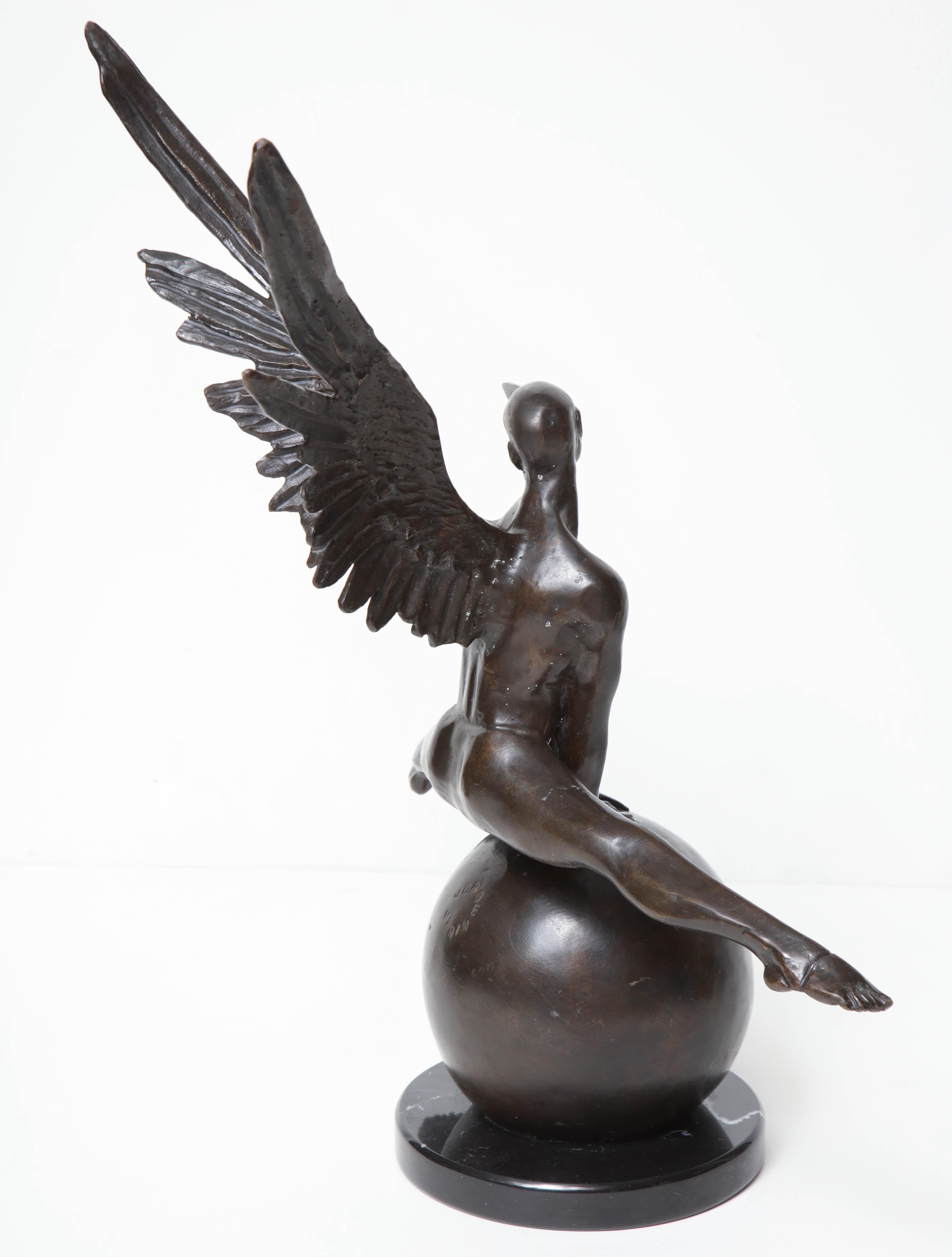 Contemporary Jorge Marin Signed Bronze Figure on a Ball with Carnival Mask