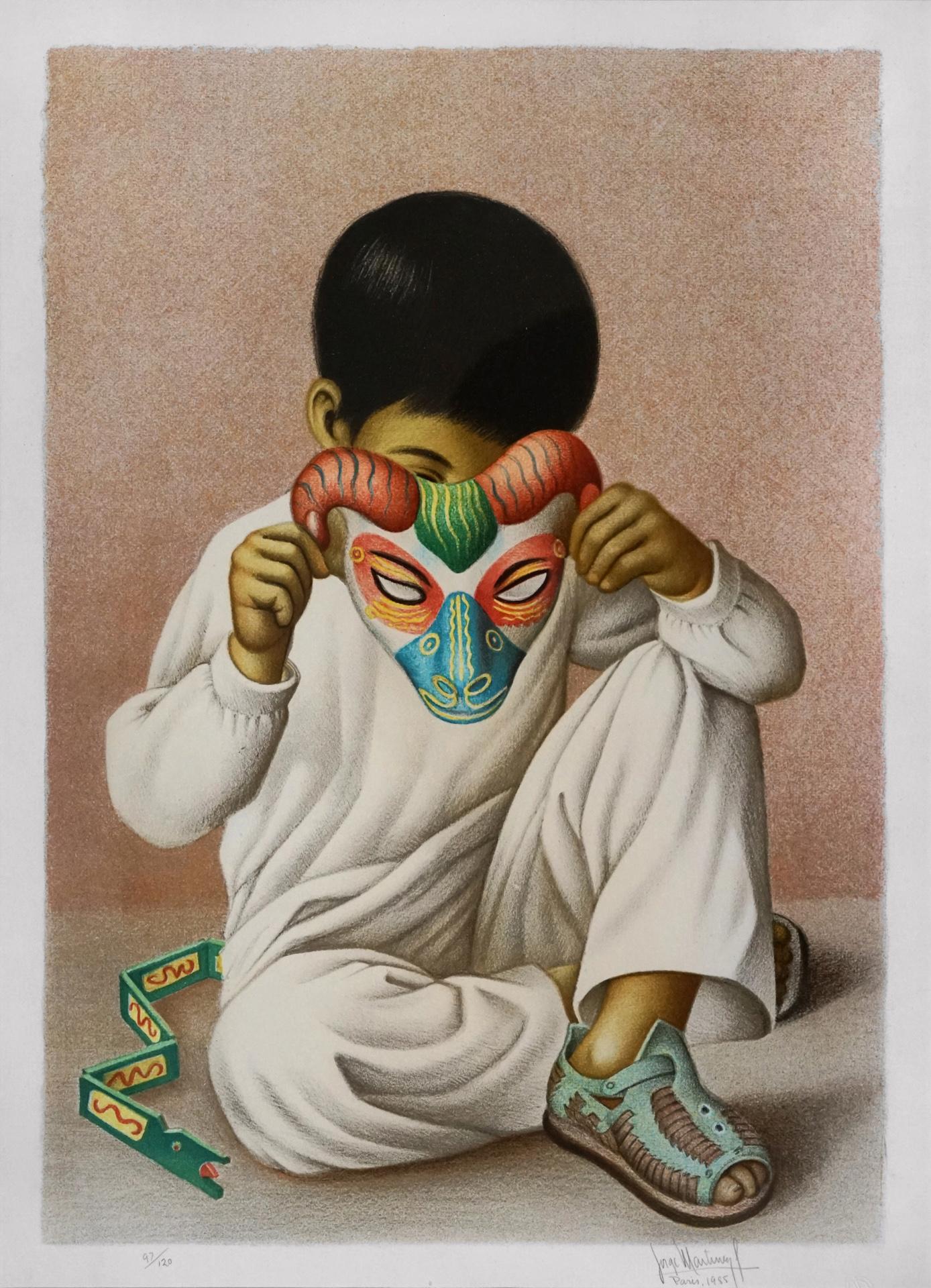 Jorge Martinez Figurative Print - The Boy with a Mask, Mexican Artist, Hand Finished Lithograph, Printed in Paris 