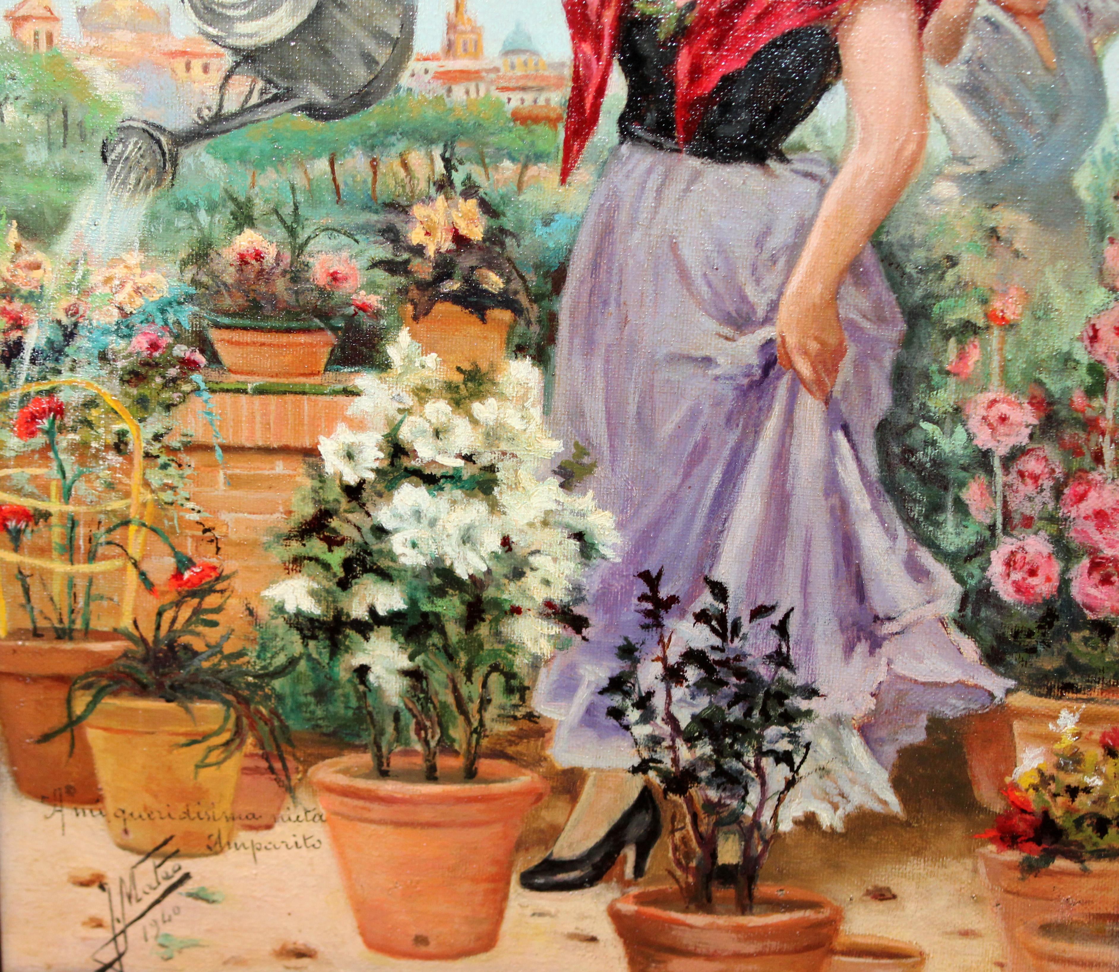 Jorge Mateo Serrano (XIX-XX) - Óleo sobre tela - La jardinera andaluza For Sale 4