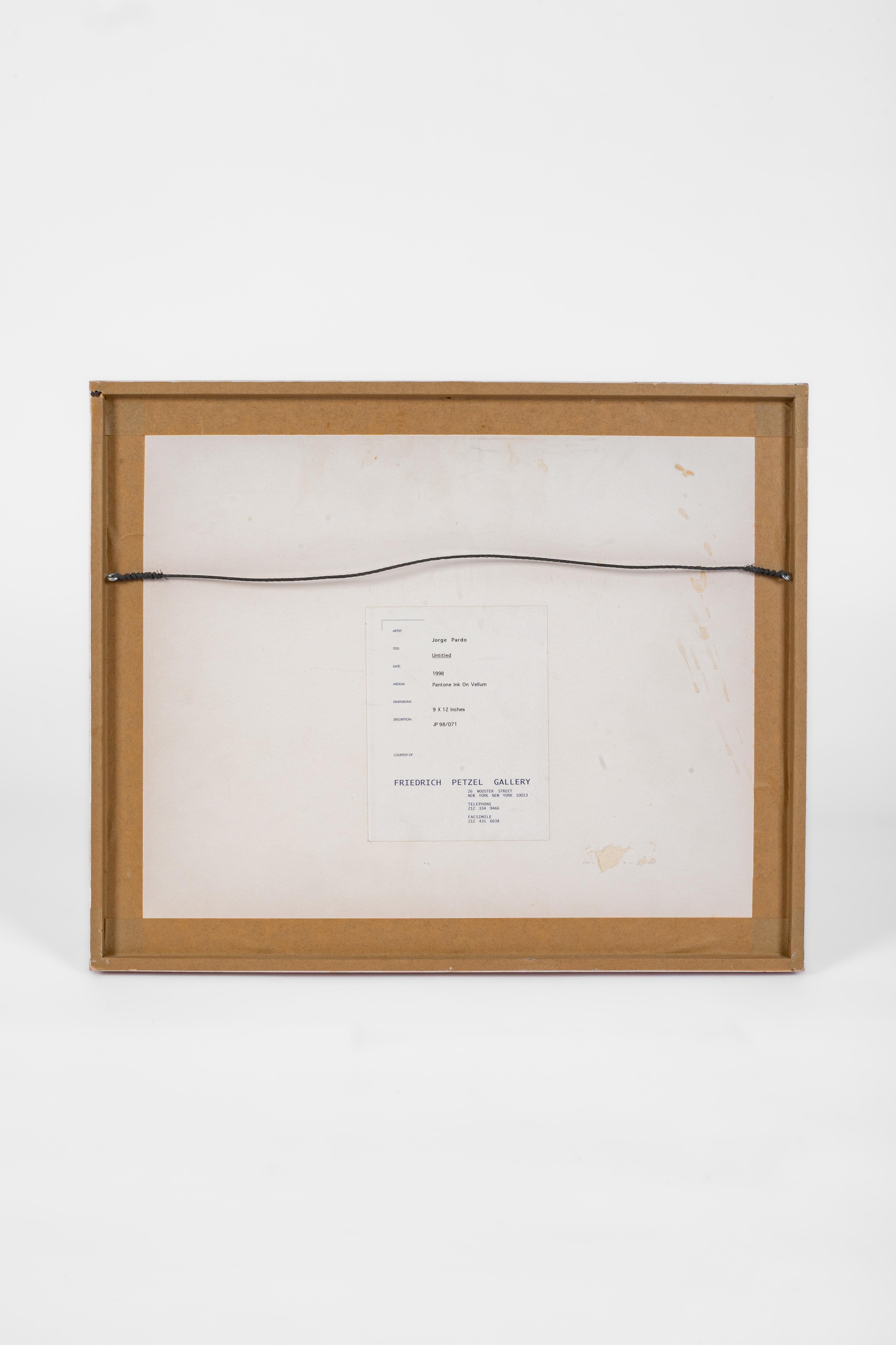 Work on paper by Jorge Pardo (°1963)

Cuban born but American artist.
Sculptor and designer.

Works from him can be found worldwide.

This work: pantone ink on vellum
Created in 1998

Bought in the Friedrich Petzel gallery in New York

Dimensions of