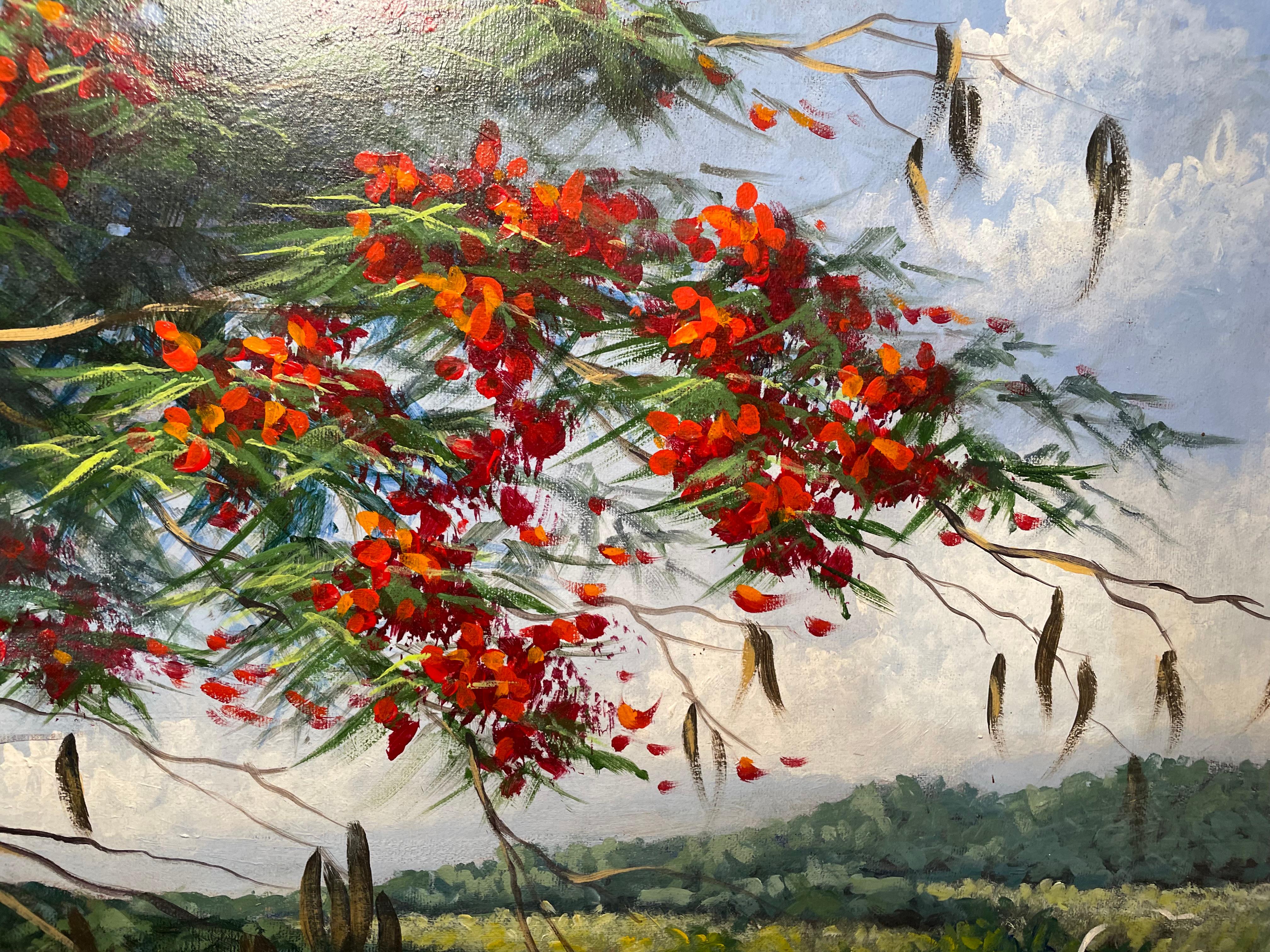 Jorge Romeros Ölgemälde eines flamboyanten Baumes (Handbemalt) im Angebot