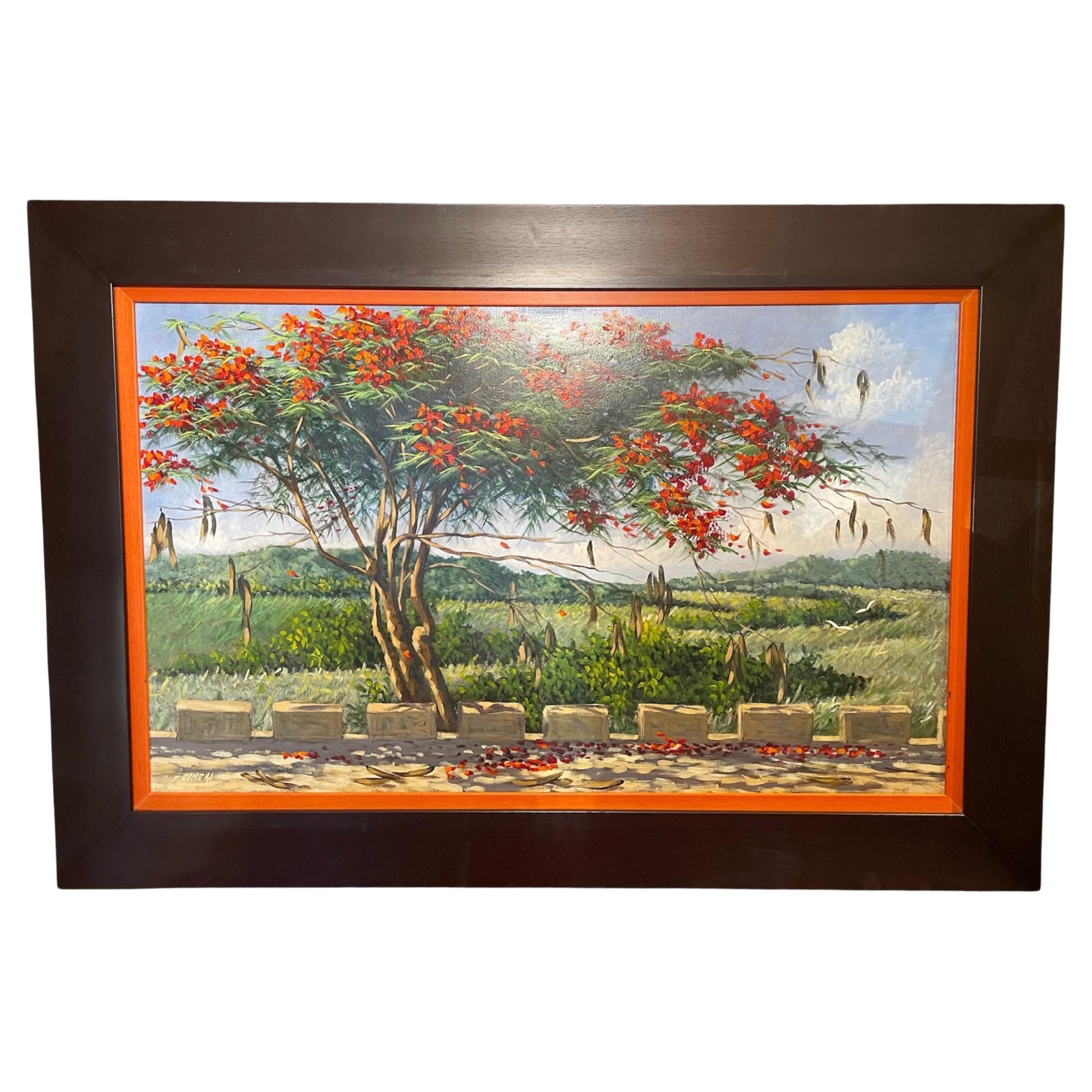 Il dipinto ad olio di Jorge Romero raffigurante un albero fiammeggiante