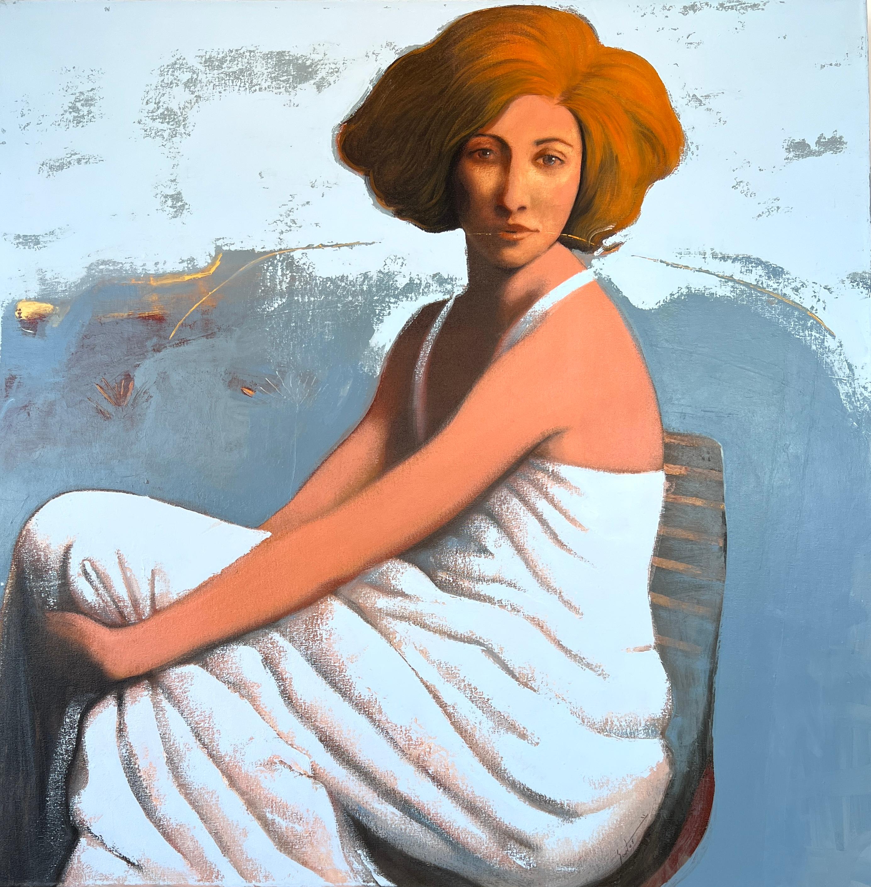 Woman in blue dress - Painting by Jorge Santos Marcos