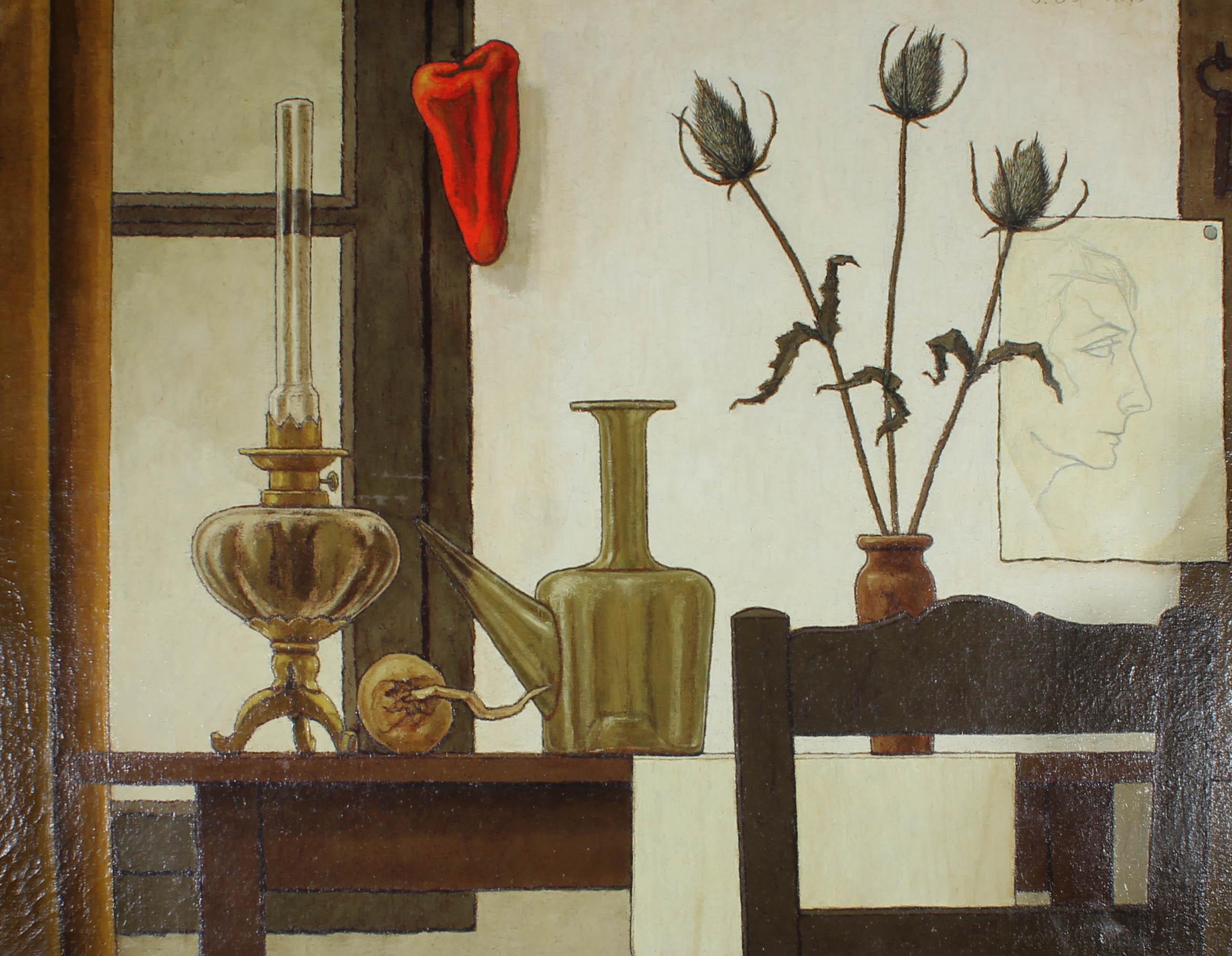 A striking 20th Century still life in an unusual style, showing an interior still life with dried thistles, a red pepper, a sketched portrait, oil lamp and a porró. The artist has signed and dated to the upper right corner and the painting has been