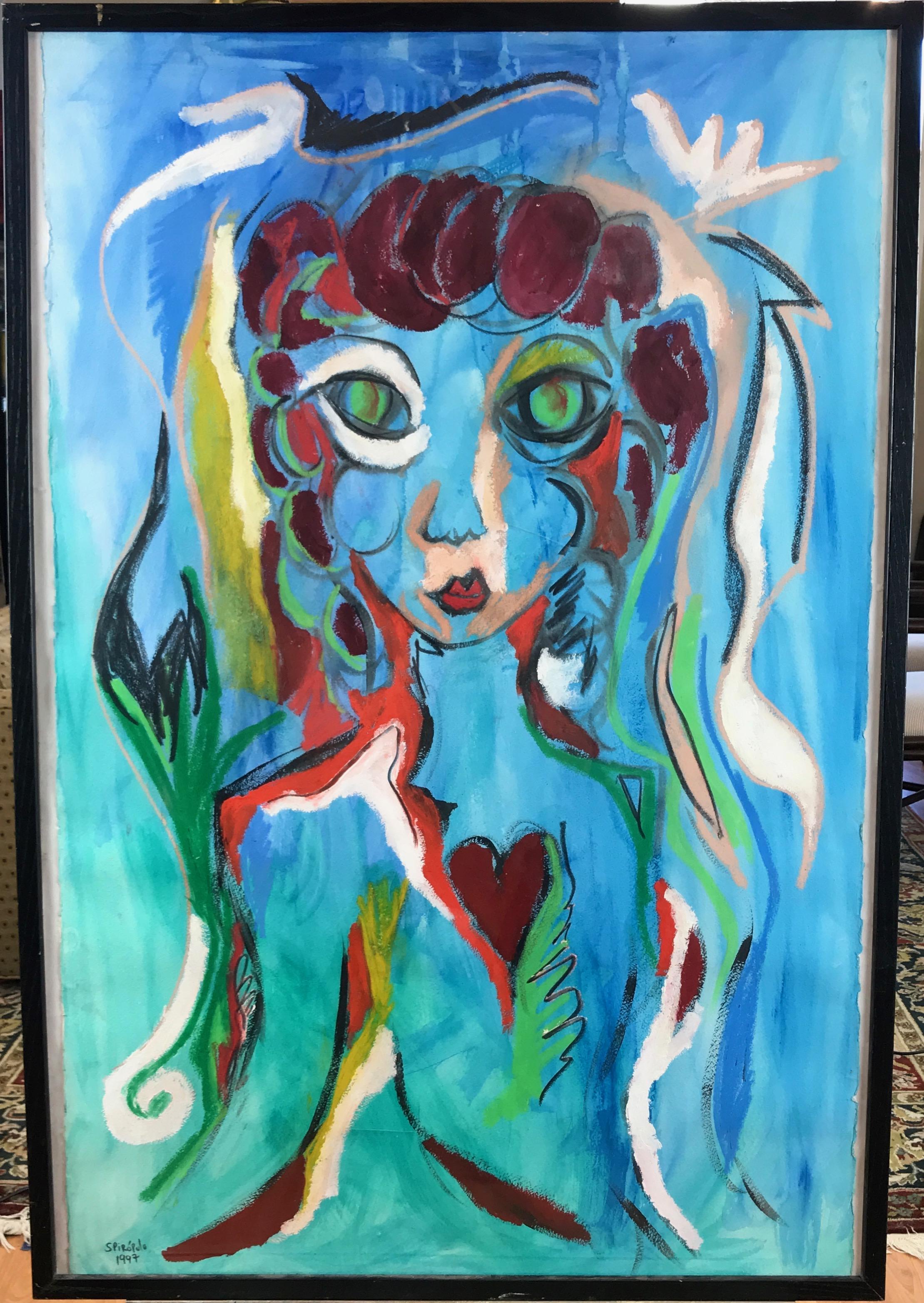 An early and exuberant expressionist mixed media on paper portrait painting depicting a “Figure with Heart” by Buenos Aires-born California artist Jorge Spiropulo.

Deckle edge rag paper with cerulean blue watercolor wash provides a tranquil