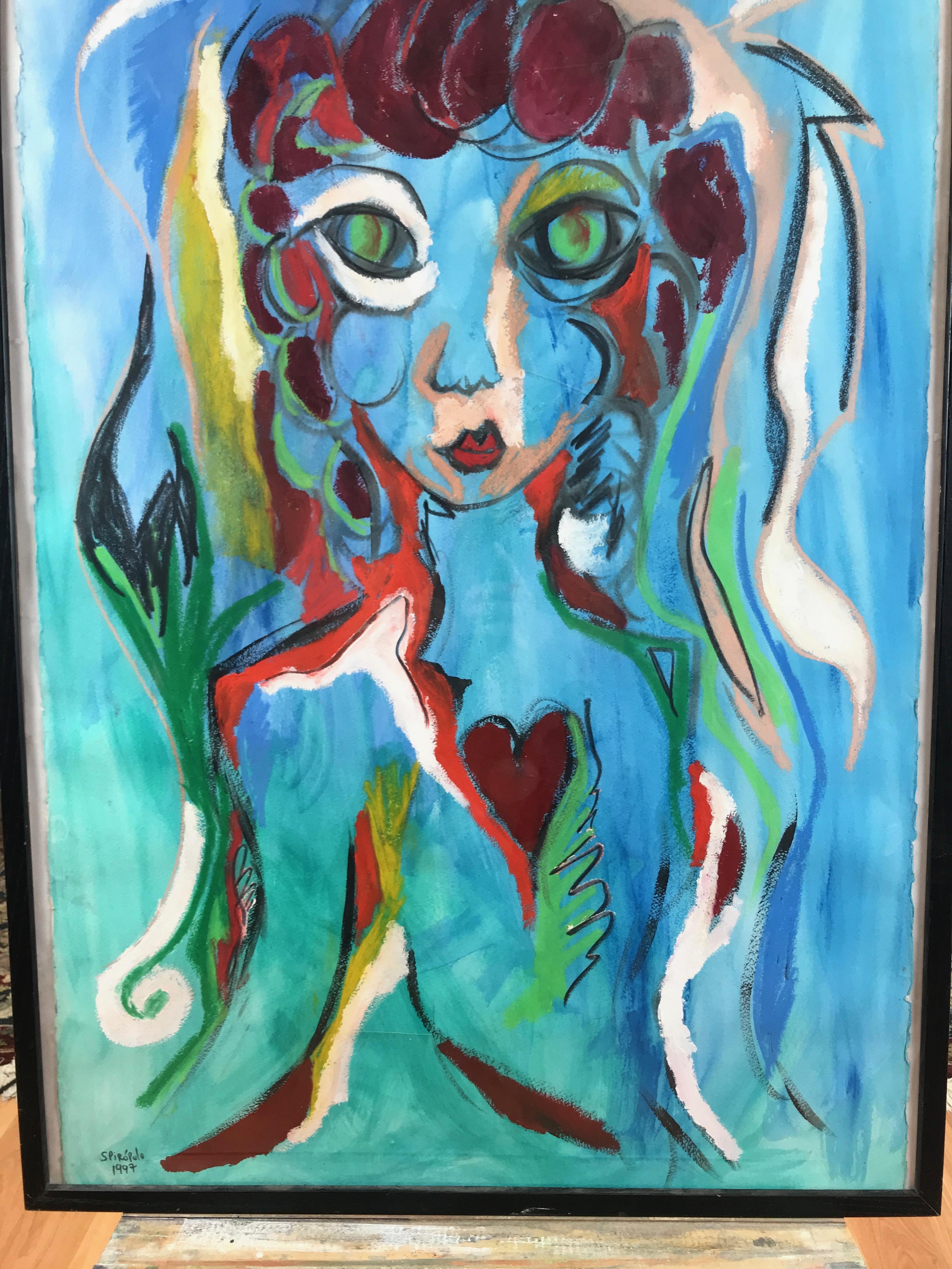 Jorge Spiropulo “Figure with Heart” Expressionist Mixed Media Painting, 1997 1