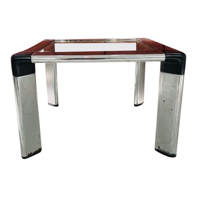 Table d'appoint brésilienne Jorge Zalszupin 1960, métal chromé, verre et cuir